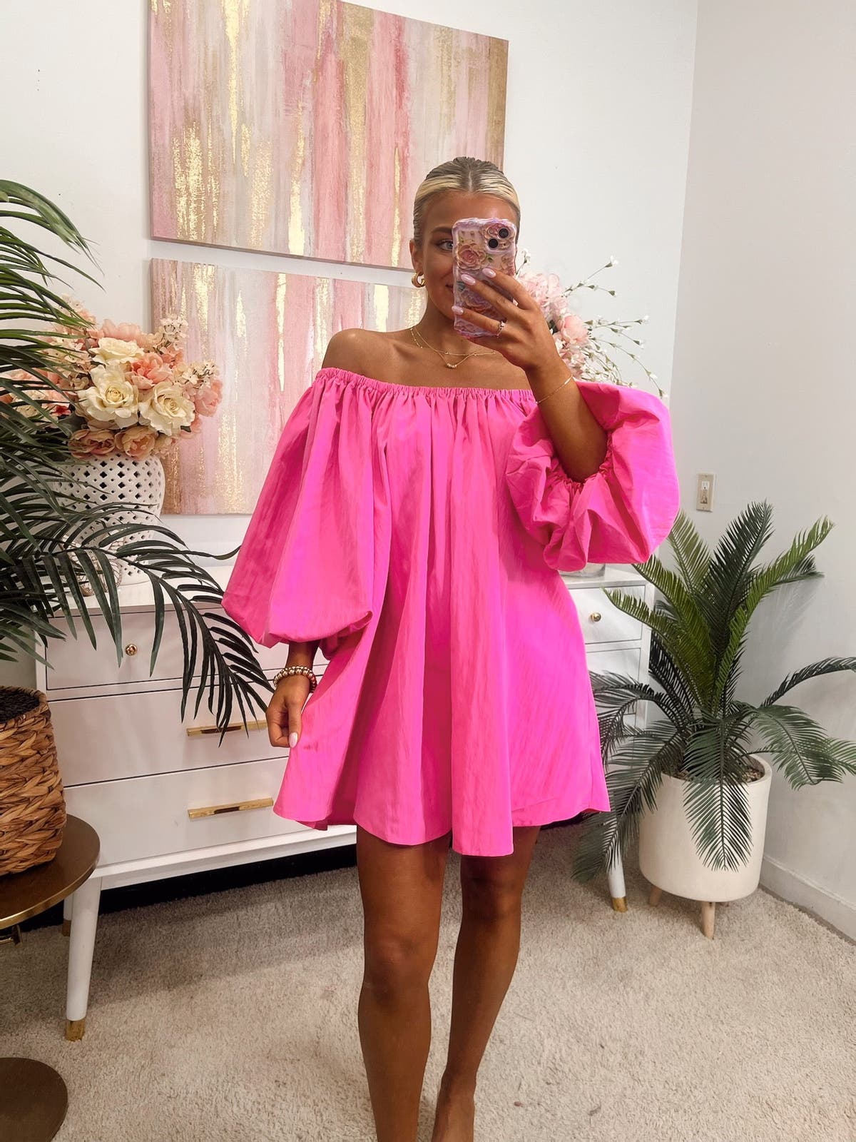 Hot Pink Puff-Sleeve Off-The-Shoulder Mini Dress