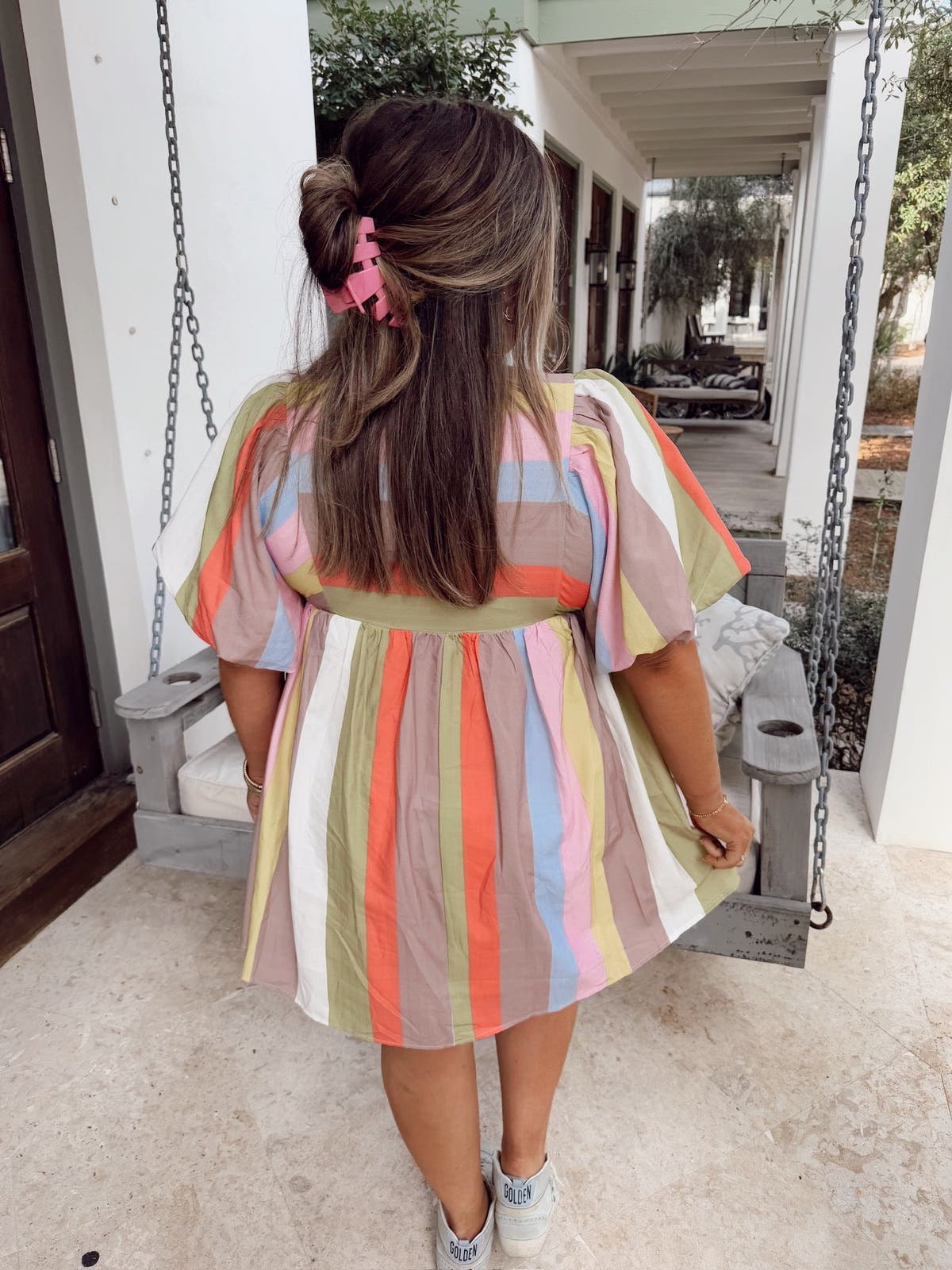 Entro Lime Mocha Striped Bubble Sleeve Babydoll Dress Entro Lime Mocha Striped Bubble Sleeve Babydoll Dress