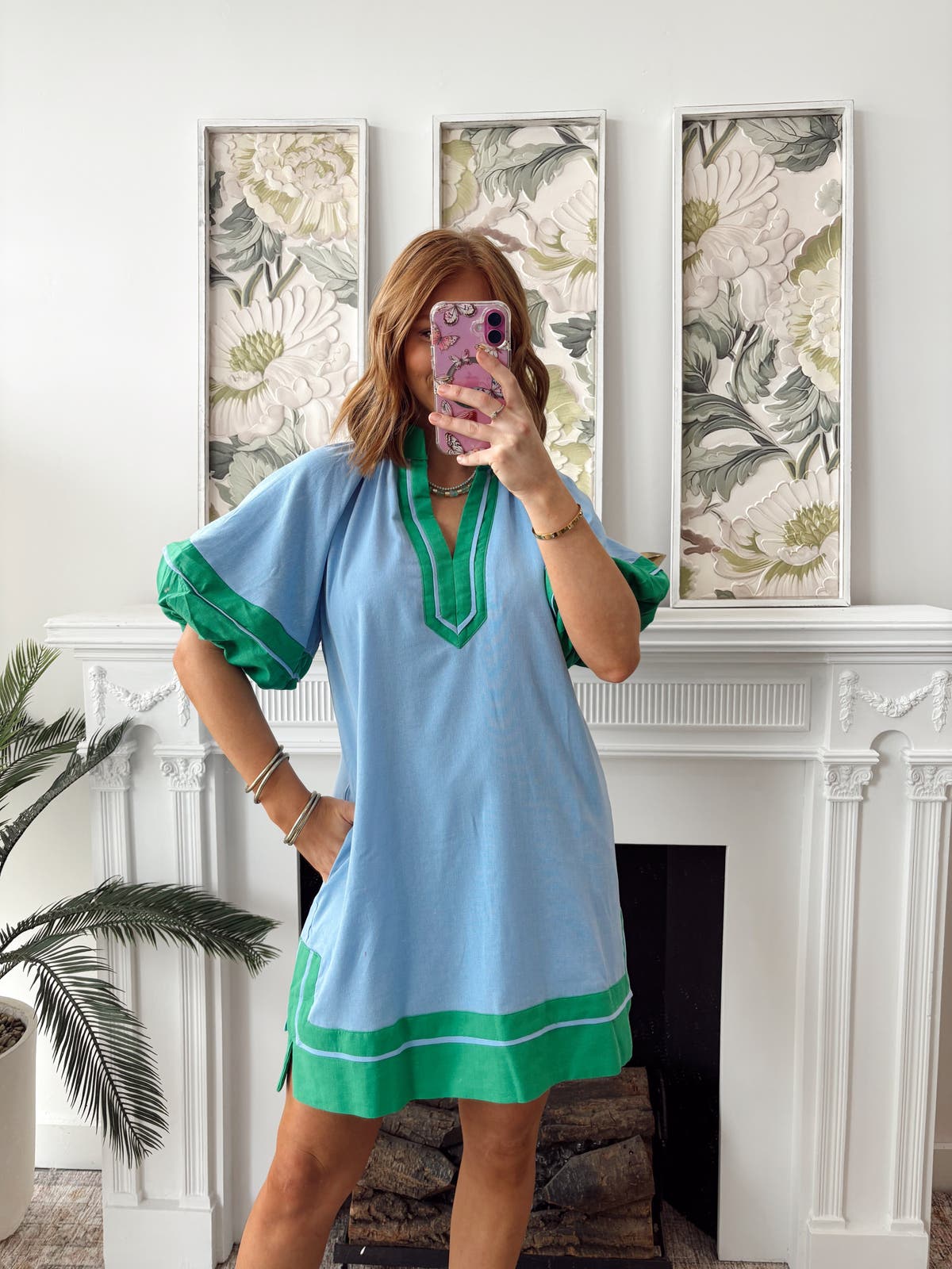 entro blue dress Entro Blue & Green Botanical Print Flutter Sleeve Midi Dress