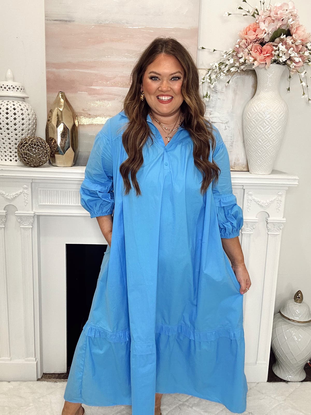 Cornflower Blue Poplin Puff Sleeve Collared Midi Dress | Fly Boutique
