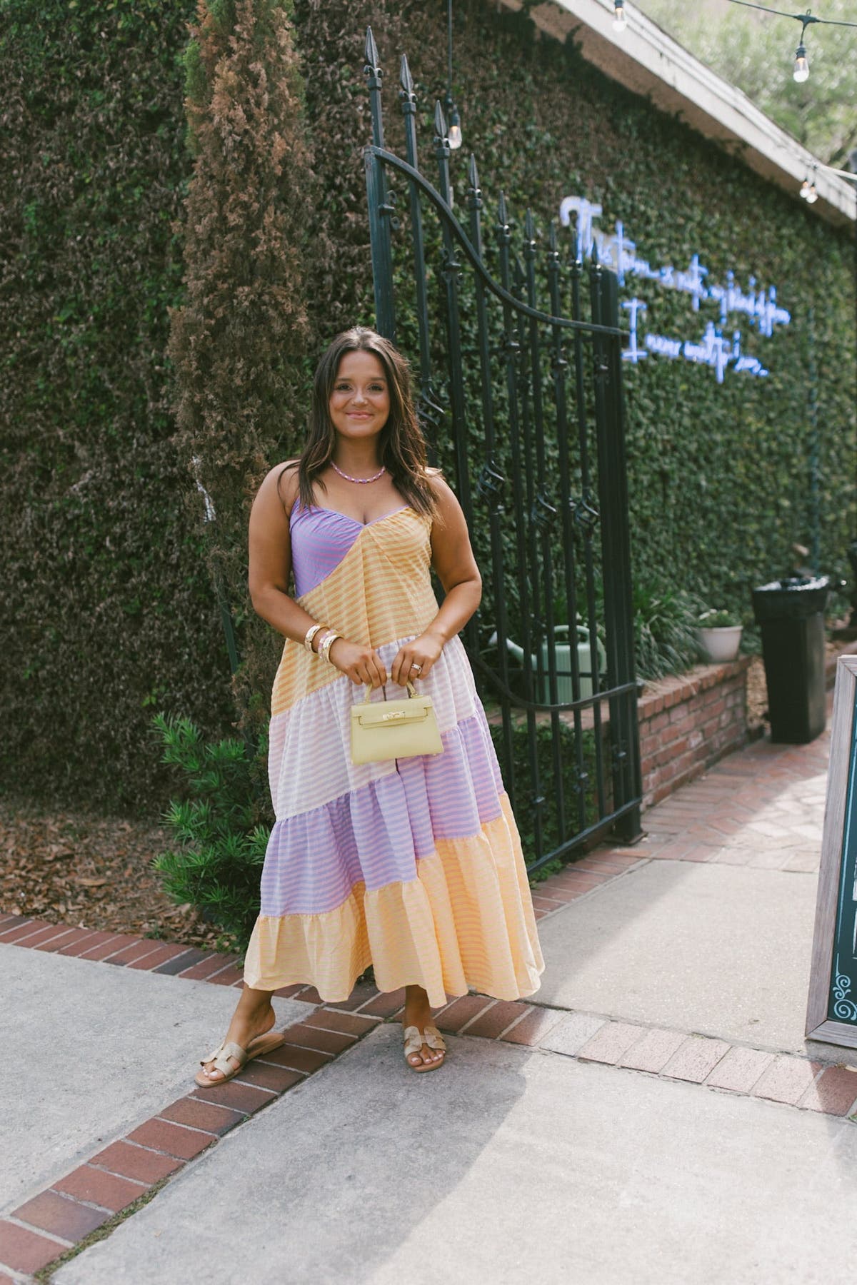 By Together Yellow Purple Striped V-Neck Sleeveless Criss-Cross Spaghetti  Straps Maxi Tiered Dress