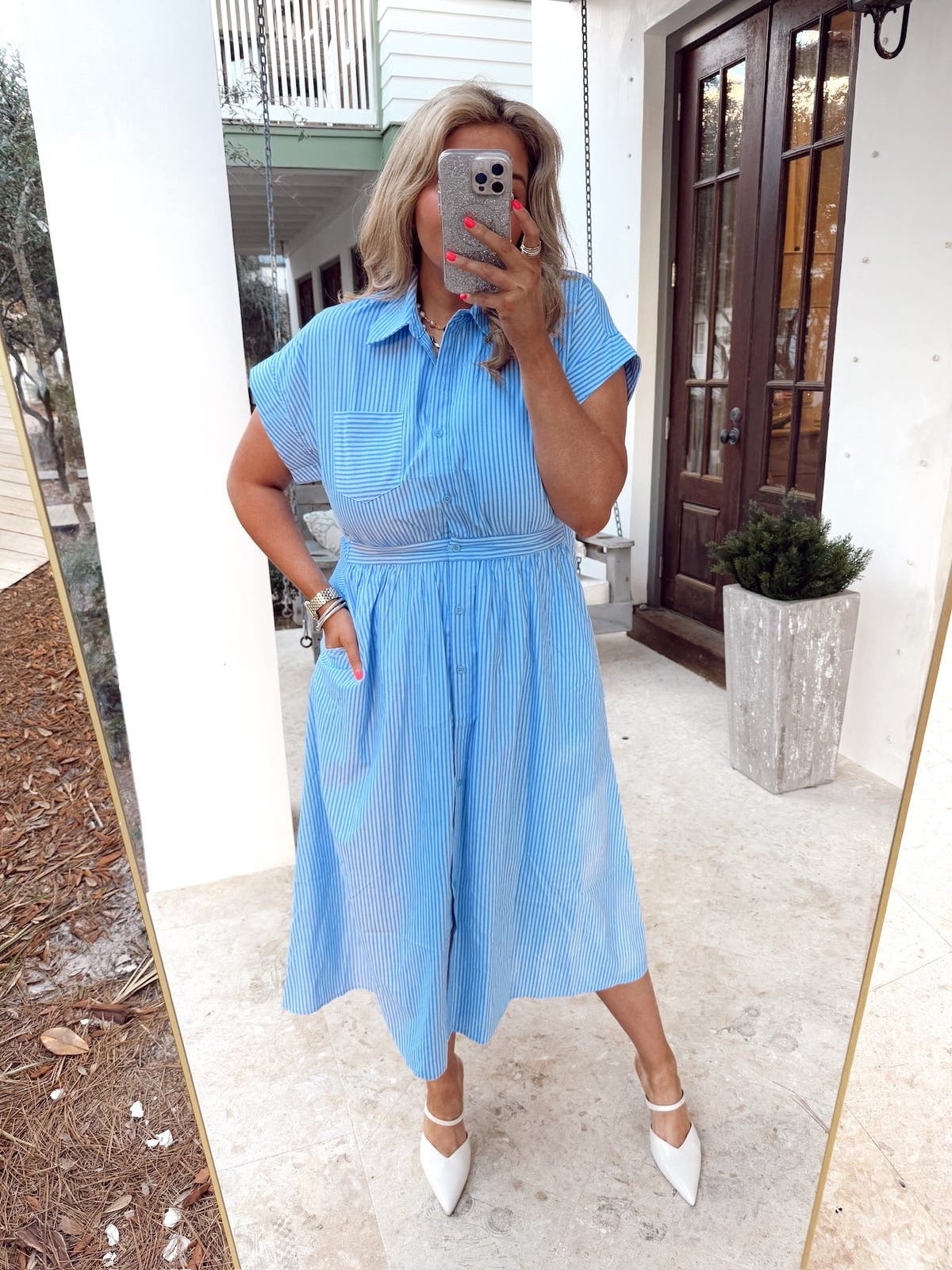 blue button down midi dress Rihoas Blue A-Line Tea Dress with a Button-Front main image 0