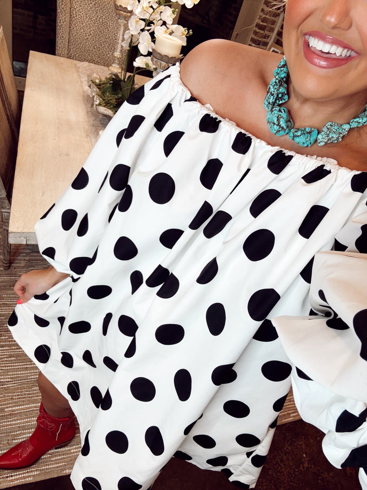 black and white polka dot dress off the shoulder Endless Romance Off Shoulder Mini Dress