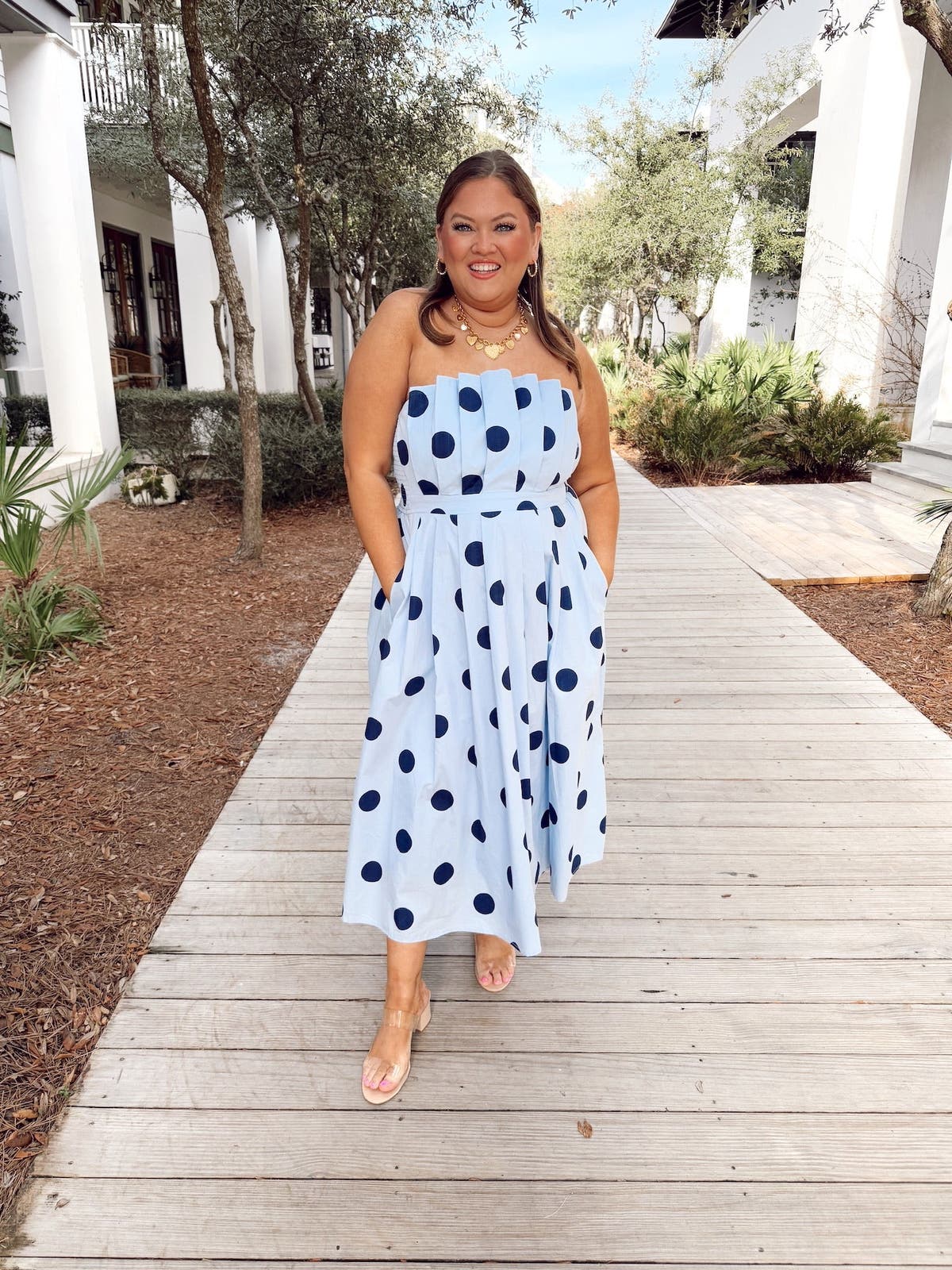 blue and white polka dot midi dress It Was All A Dream Light Blue Polka Dot Strapless Midi Dress, Large - The Mint Julep Boutique