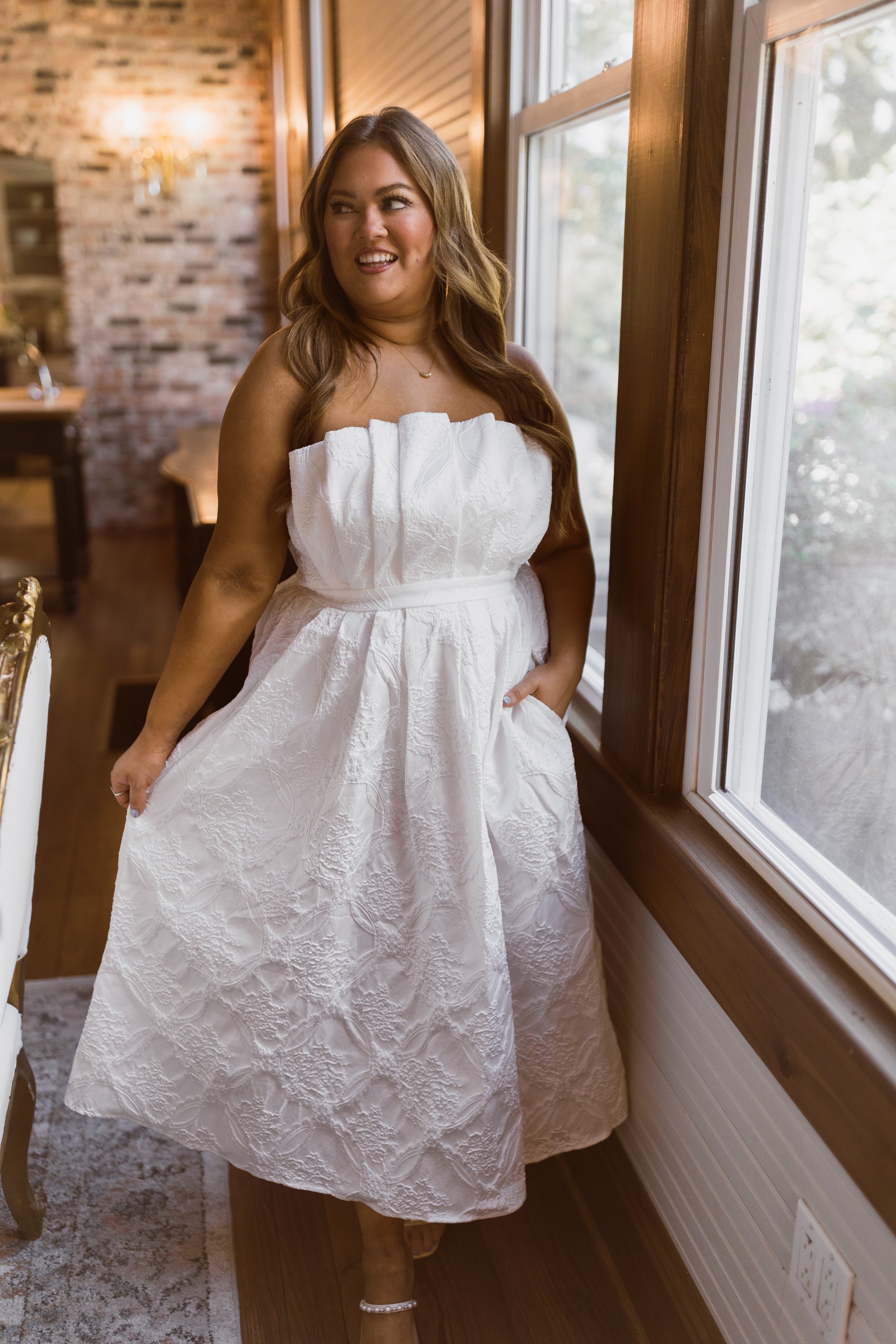 Entro Off White Strapless Embroidered Midi Dress | Fly Boutique