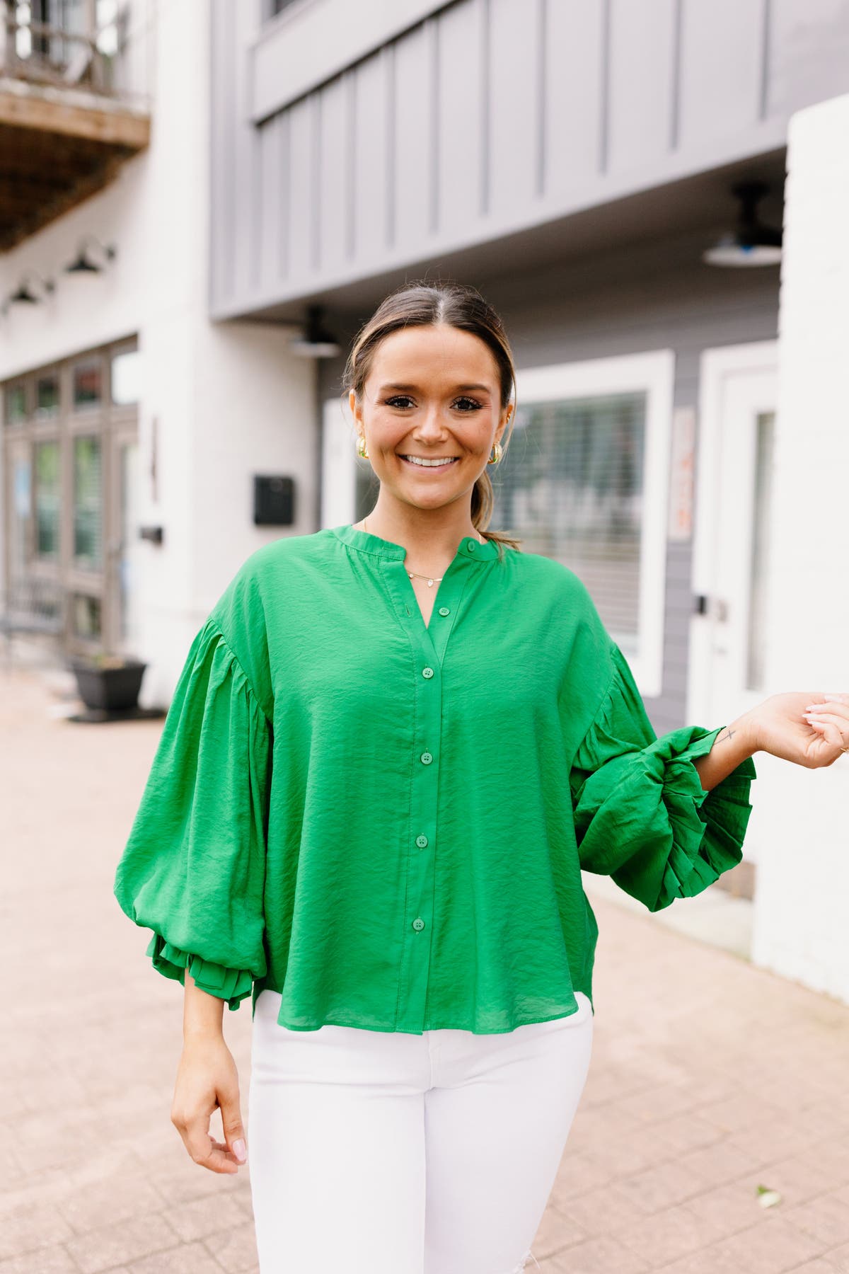 Kelly Green Puff Sleeve Button Down Blouse | Fly Boutique