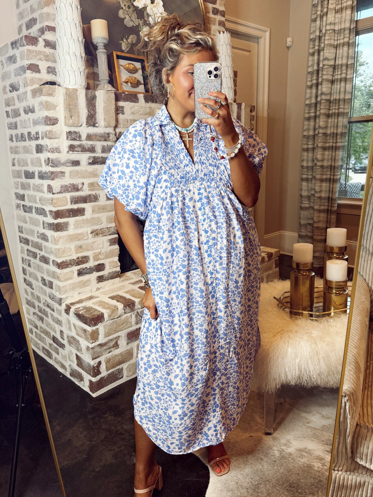 blue ditsy print dress KatieJ NYC Laila Dress Evening Blue Ditsy main image 1