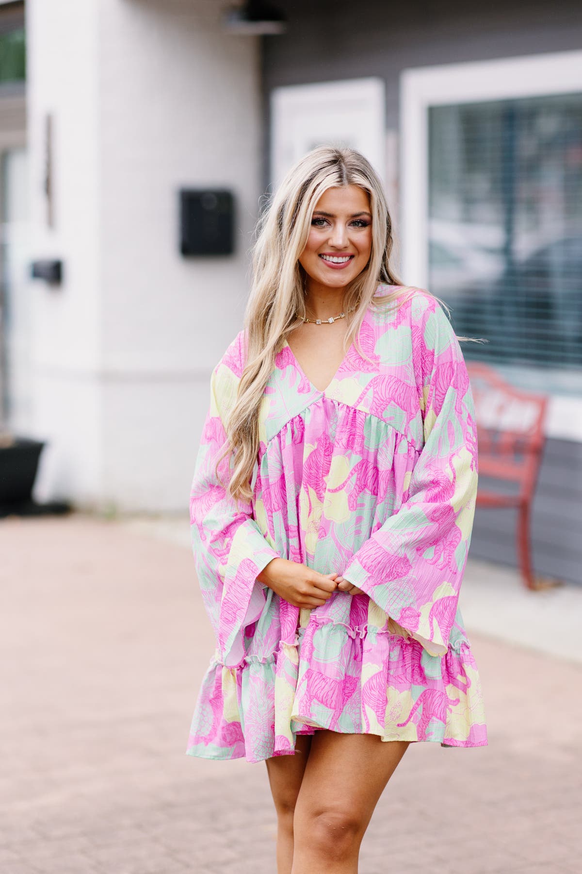Pink and Yellow V-Neck Tiger Print Mini Dress Fly Boutique