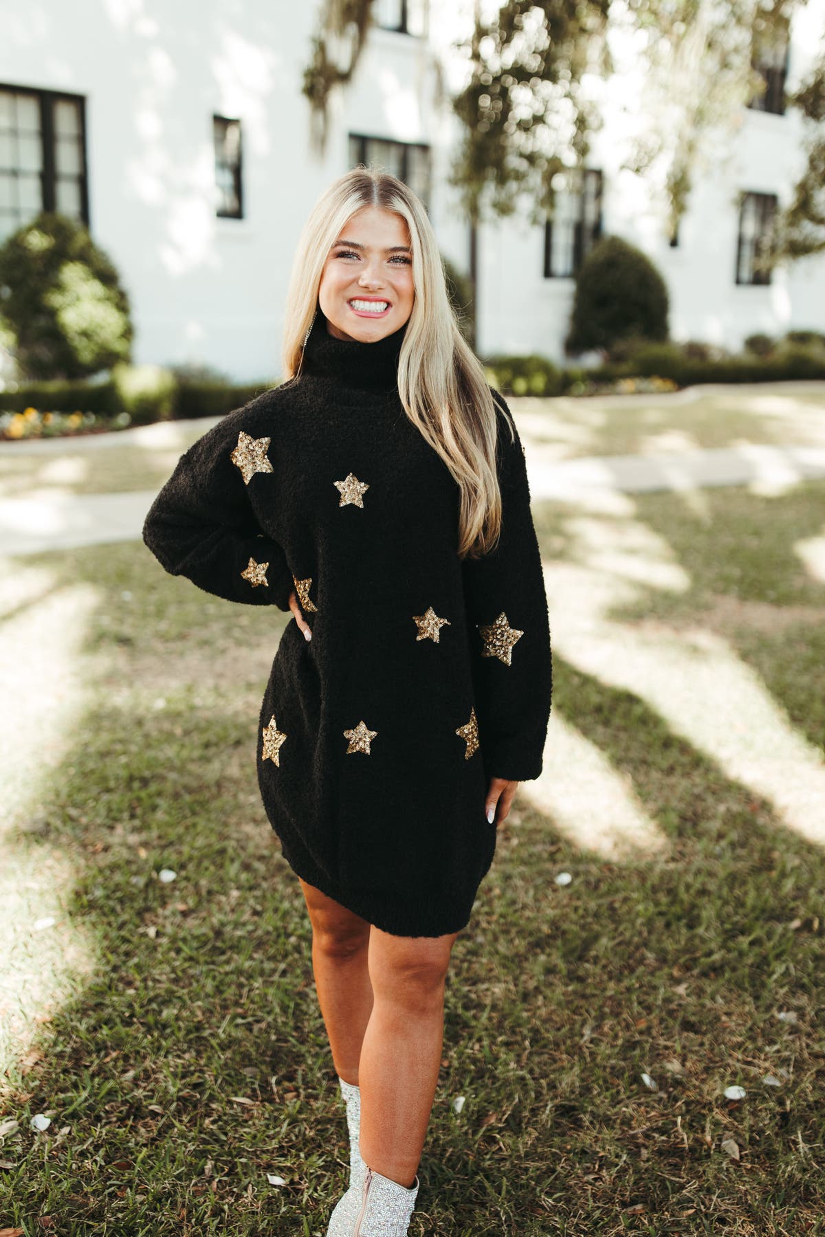 Black Sequin Star Turtleneck Sweater Dress | Fly Boutique