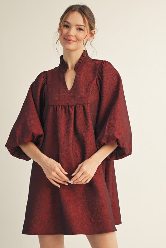 Burgundy Solid Textured Balloon Sleeves Babydoll Dress | Fly Boutique Burgundy Solid Textured Balloon Sleeves Babydoll Dress | Fly Boutique