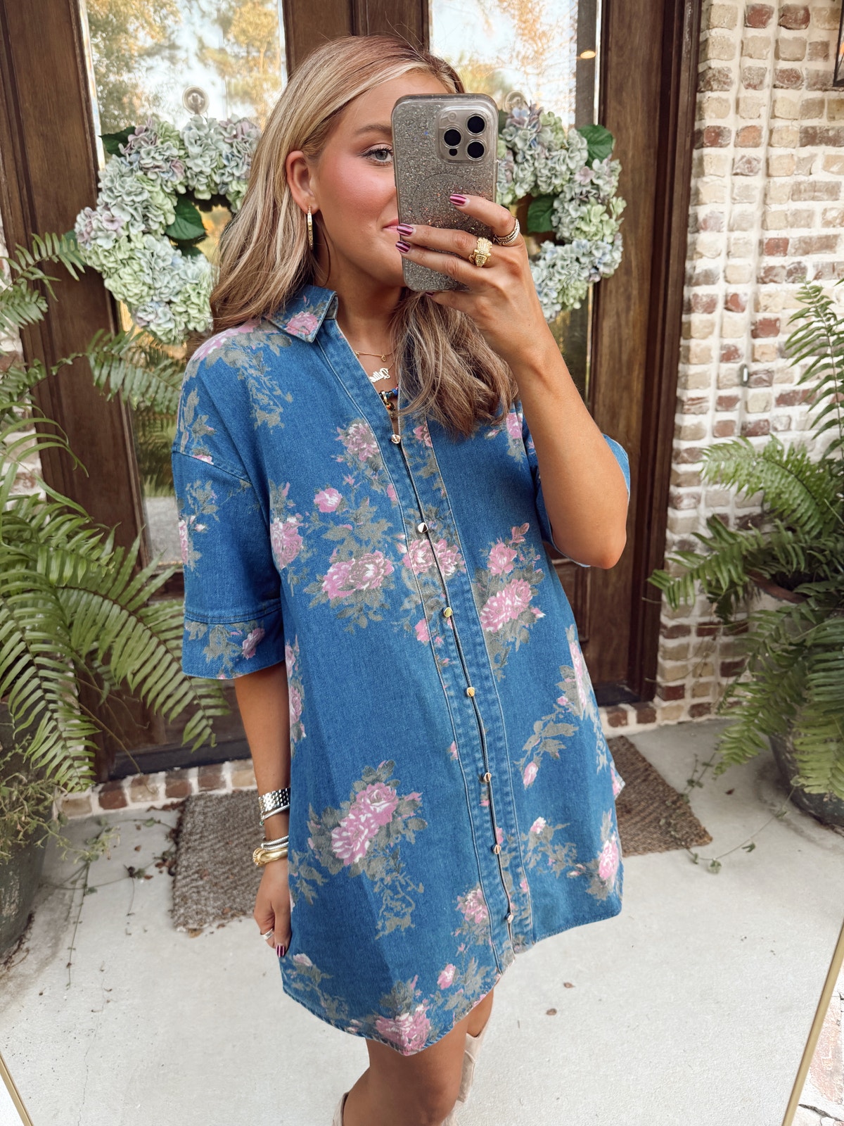 white christmas dresses DENIM SHIRT DRESS WITH PINK FLOWERS – Pharm Favorites by Economy Pharmacy