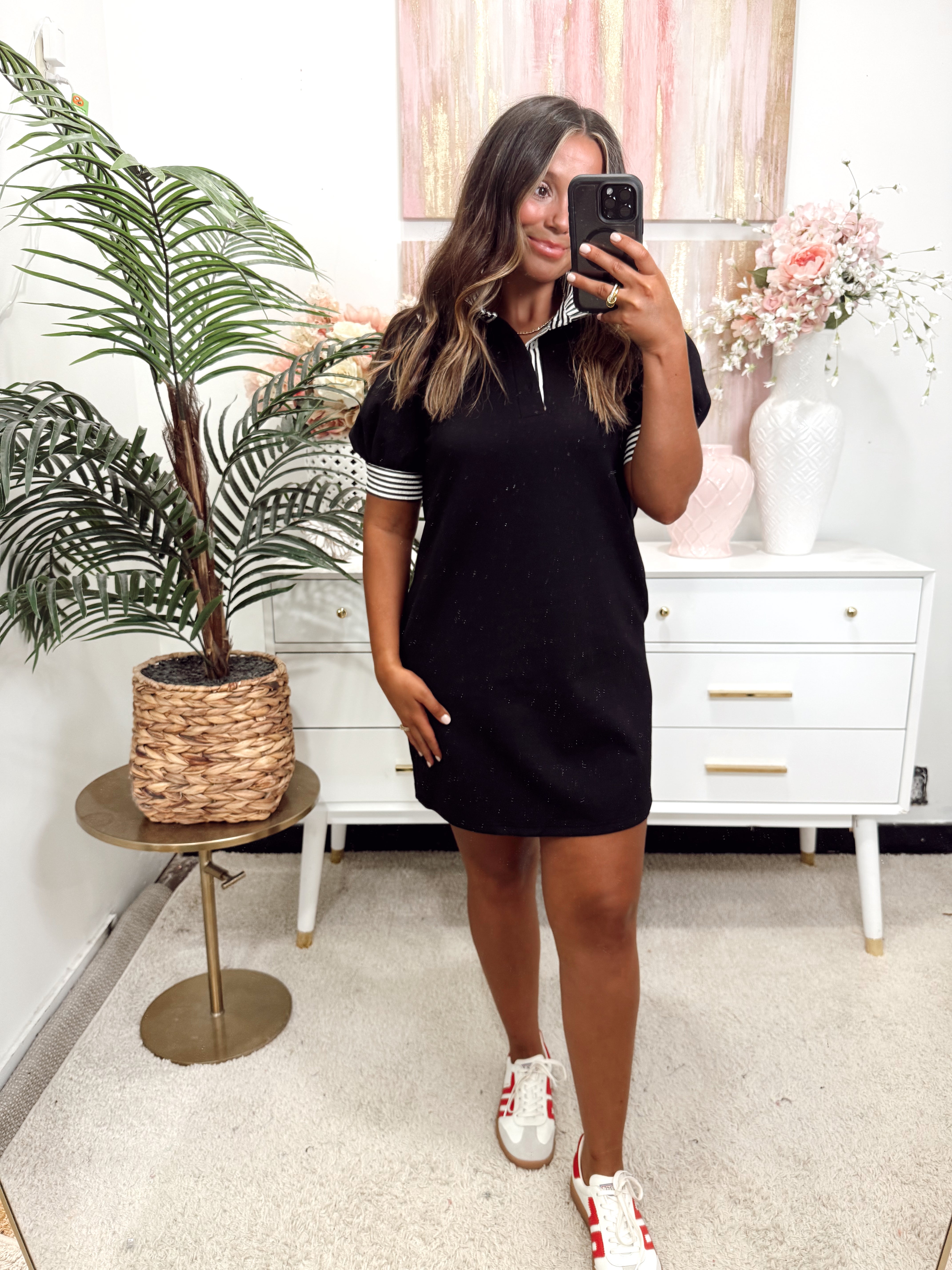 Entro Black Short Sleeve Striped Detail Mini Dress | Fly Boutique