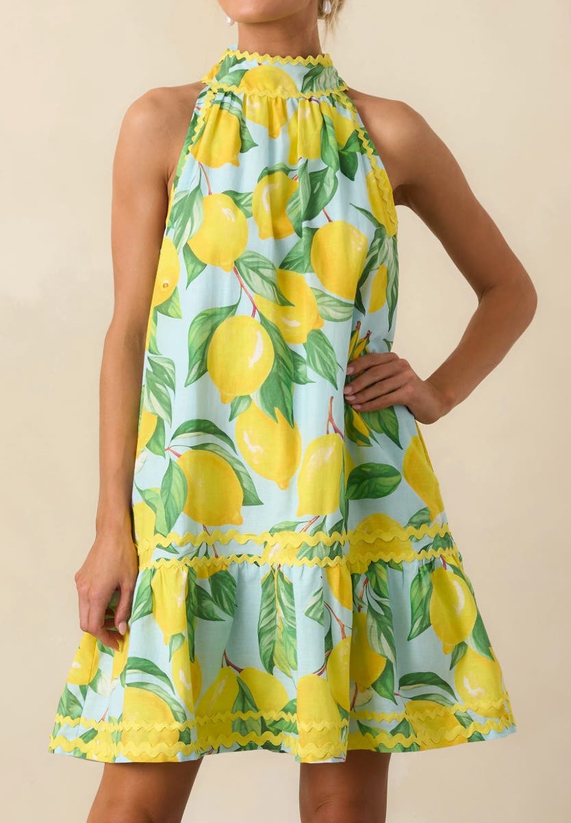 Prosperina Simone Blue Lemon Print Cotton Halter Mini Dress | Fly Boutique Prosperina Simone Blue Lemon Print Cotton Halter Mini Dress | Fly Boutique