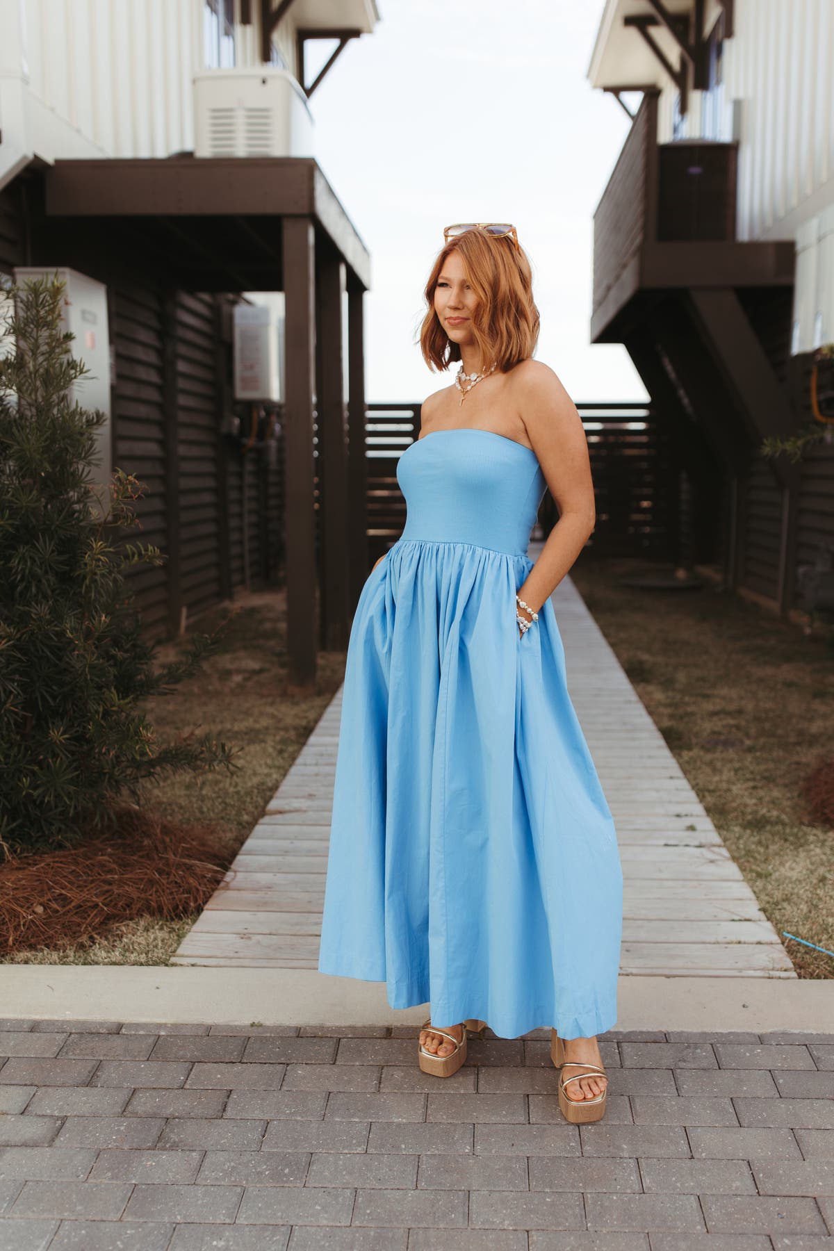 Blue Strapless Top Contrast Detail Flowy Dress | Fly Boutique