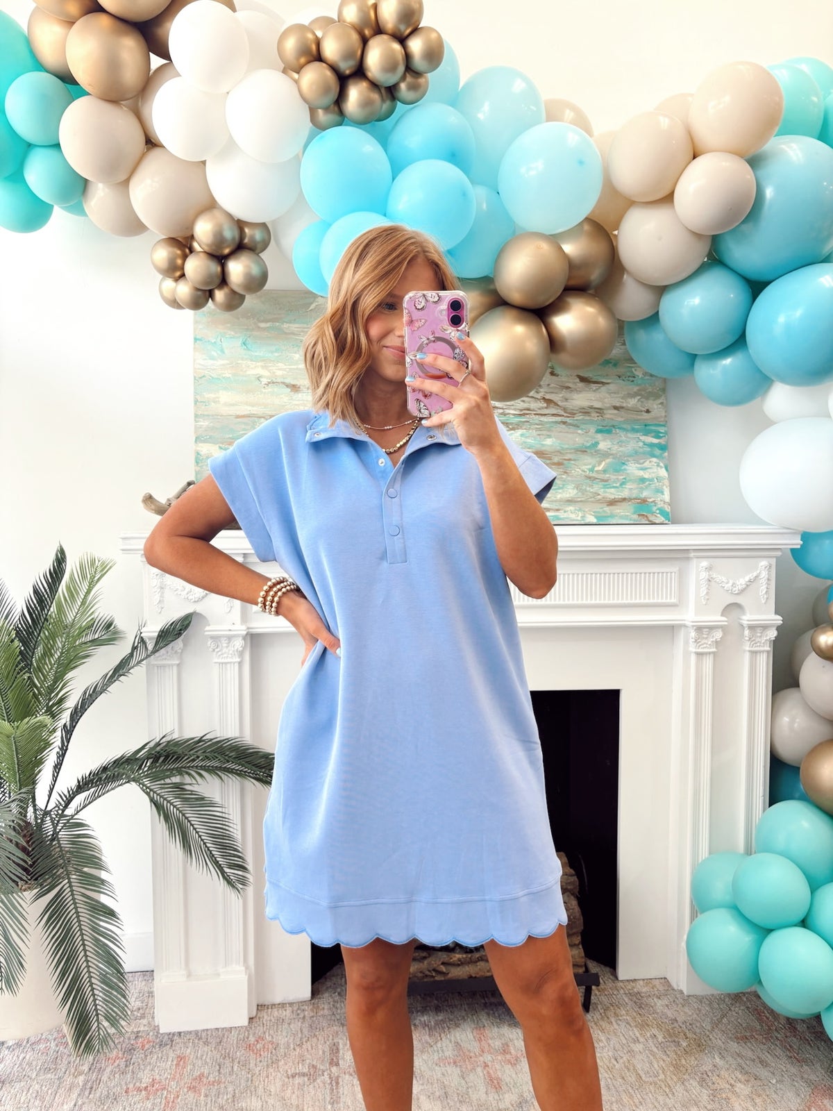 blue jersey knit dress Blue piqué mini dress with a flared neckline main image 1