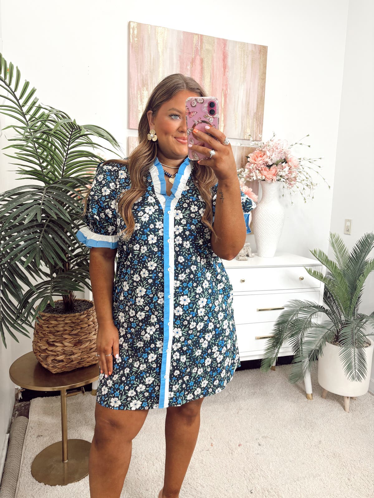 Entro Contrast Border Floral Ruffle Collar Dress