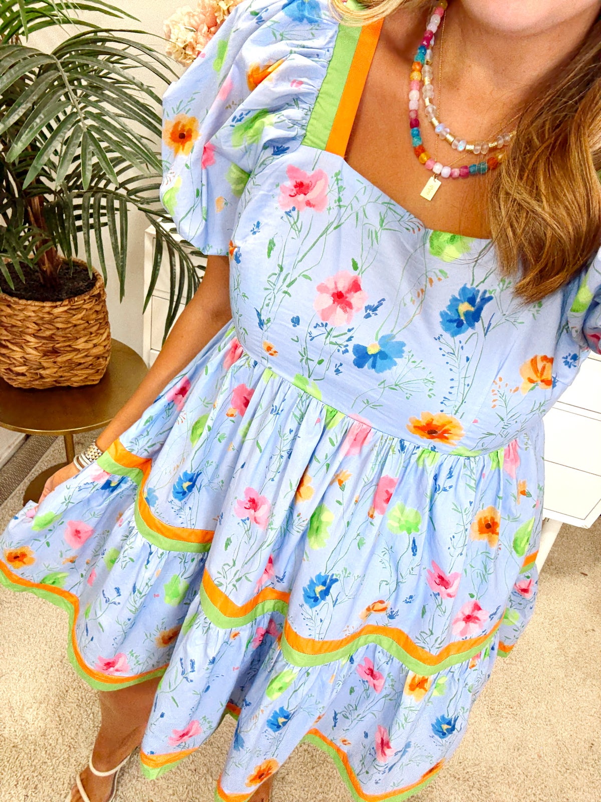 Floral Tiered Butterfly Sleeve Mini Dress – Ruffle Hem Dress, Polyester, Made In USA