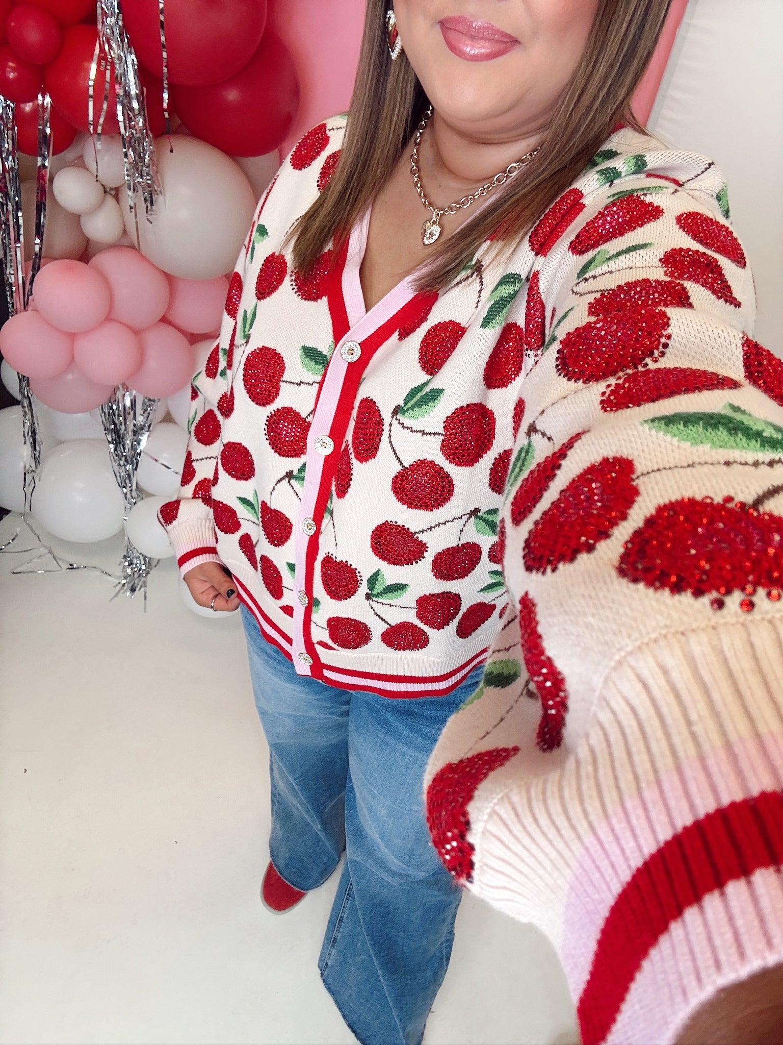 Queen Of Sparkles Pale Pink Cherry Cardigan | Fly Boutique