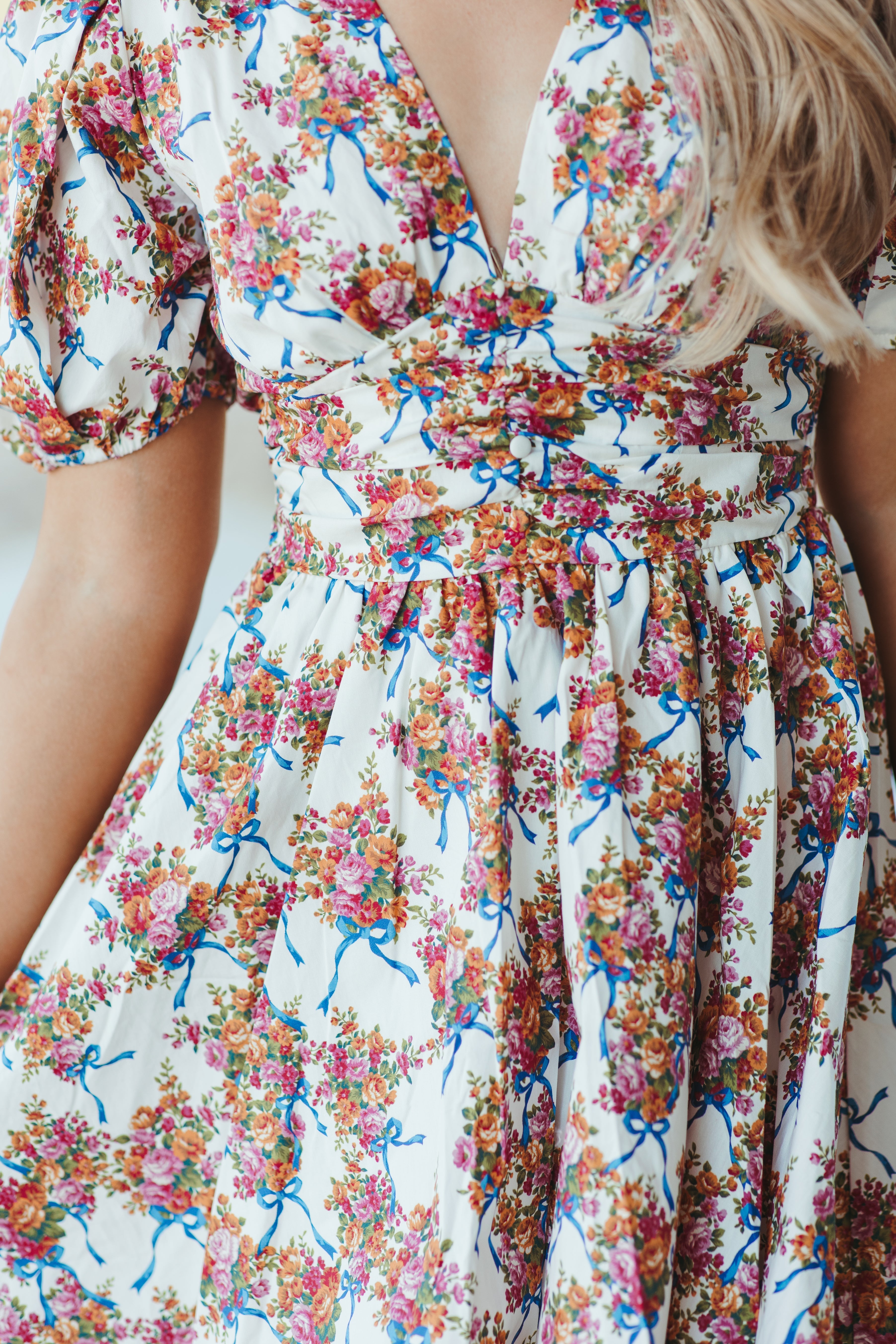 Ivory and Blue Floral Bow Puff Sleeve Dress | Fly Boutique