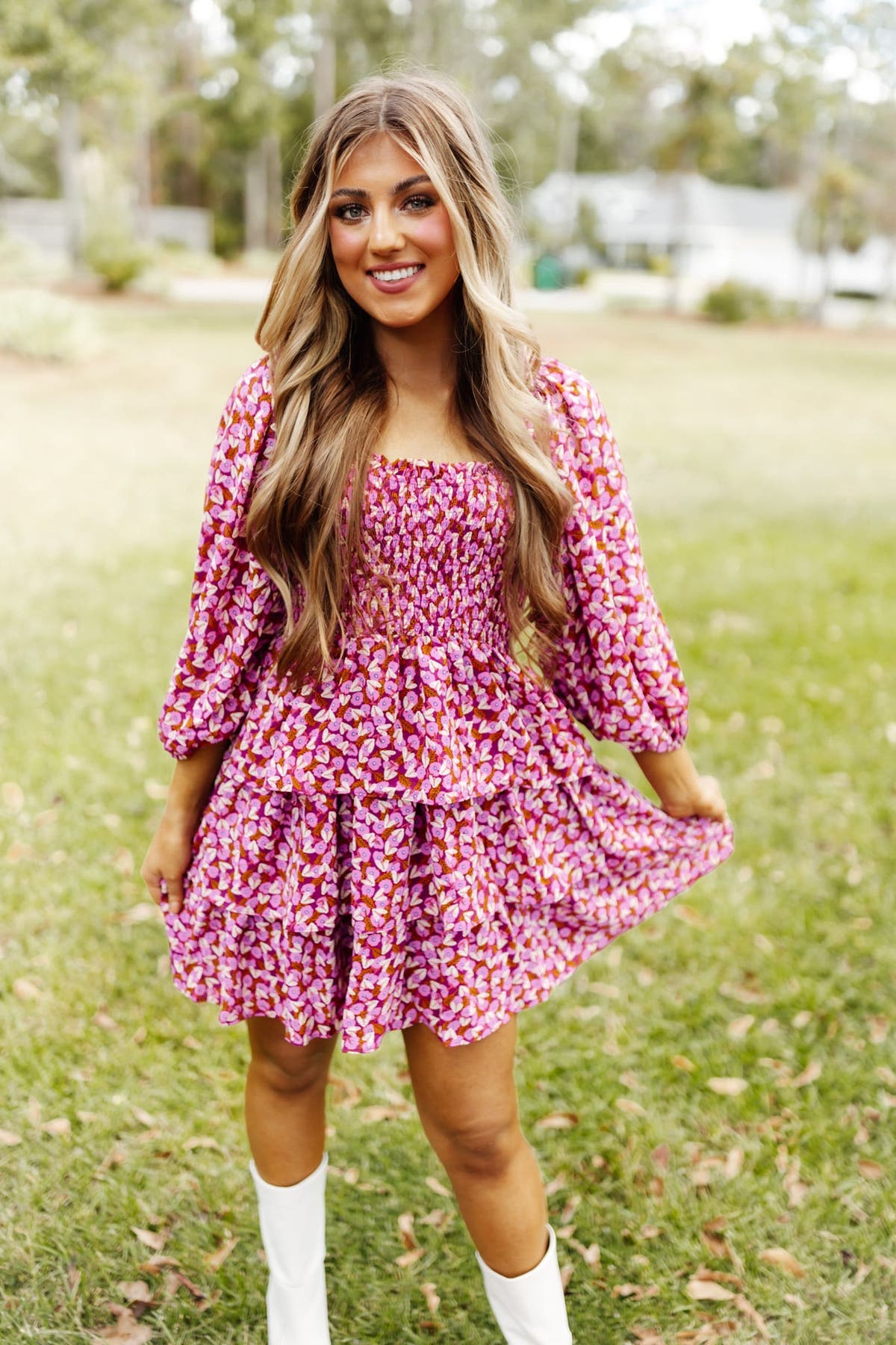 Orchid Floral Smocked Ruffle Long Sleeve Dress | Fly Boutique Orchid Floral Smocked Ruffle Long Sleeve Dress | Fly Boutique