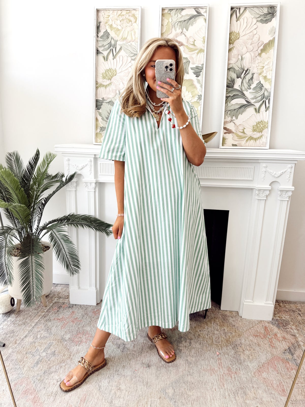 Adrienne Green Pop Stripe Ruffle Collar A-Line Midi Dress | Fly Boutique