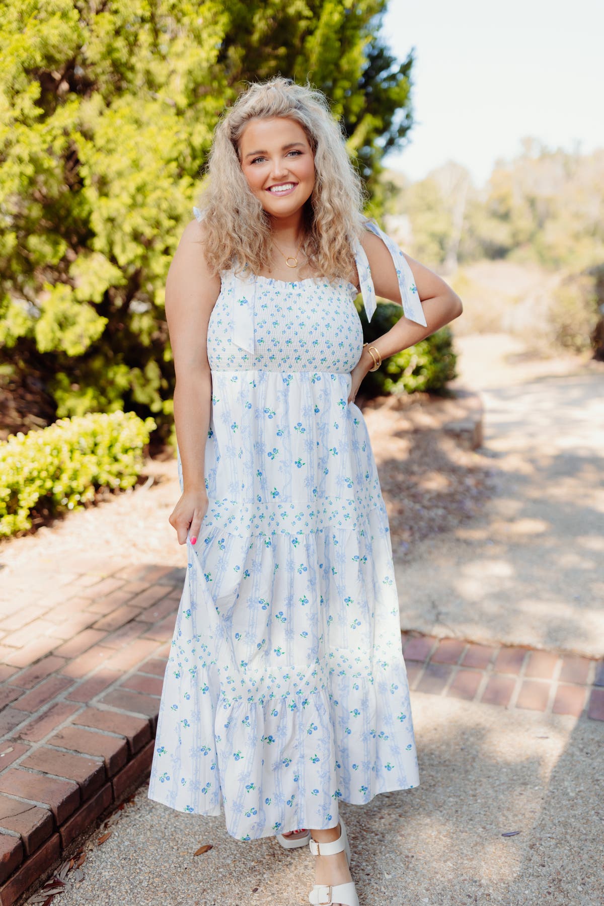 Ivory and Blue Mixed Floral Tie Shoulder Maxi Dress