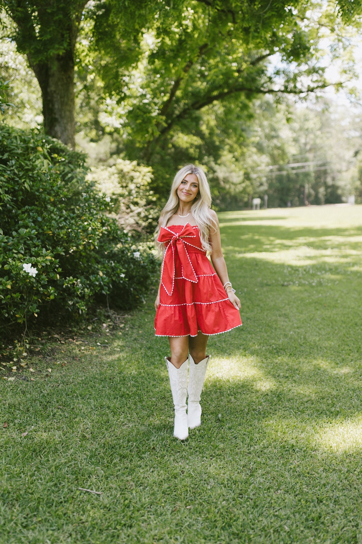 Red Solid Cotton Poplin Ric Rac Trim W/Front Bow Detail Sleeveless Dress