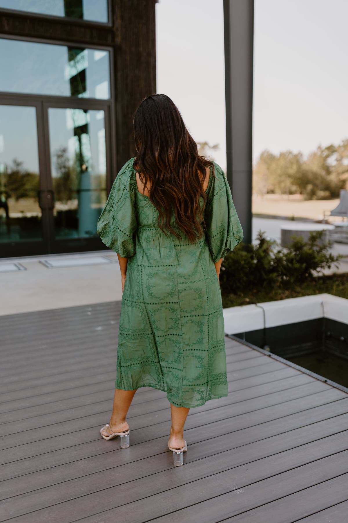 Green Twist Front Cutout Puff Sleeve Eyelet Midi Dress | Fly Boutique