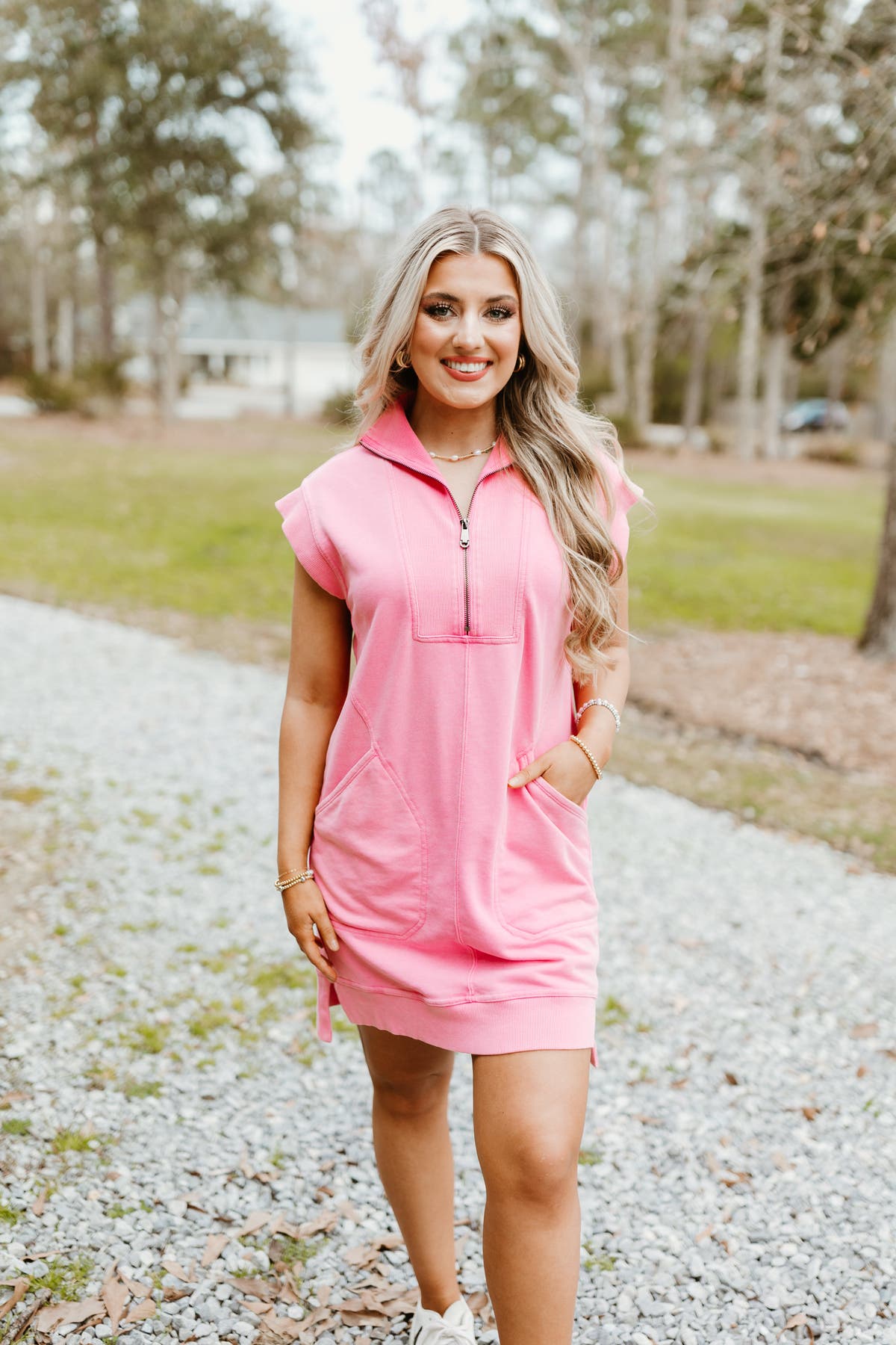 Pink 1/2 Zip Contrast Knit Dress