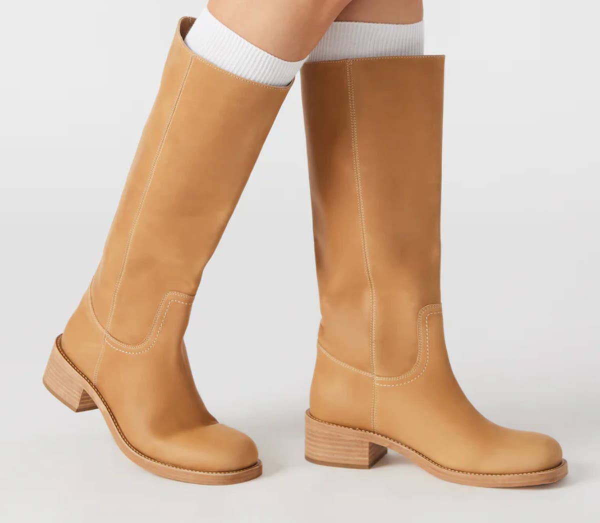 Caramel-colored Steve Madden squared toe, block heel platform boots FOLIE Rust Leather Square-Toe Block Heel Knee-High Women main image 3