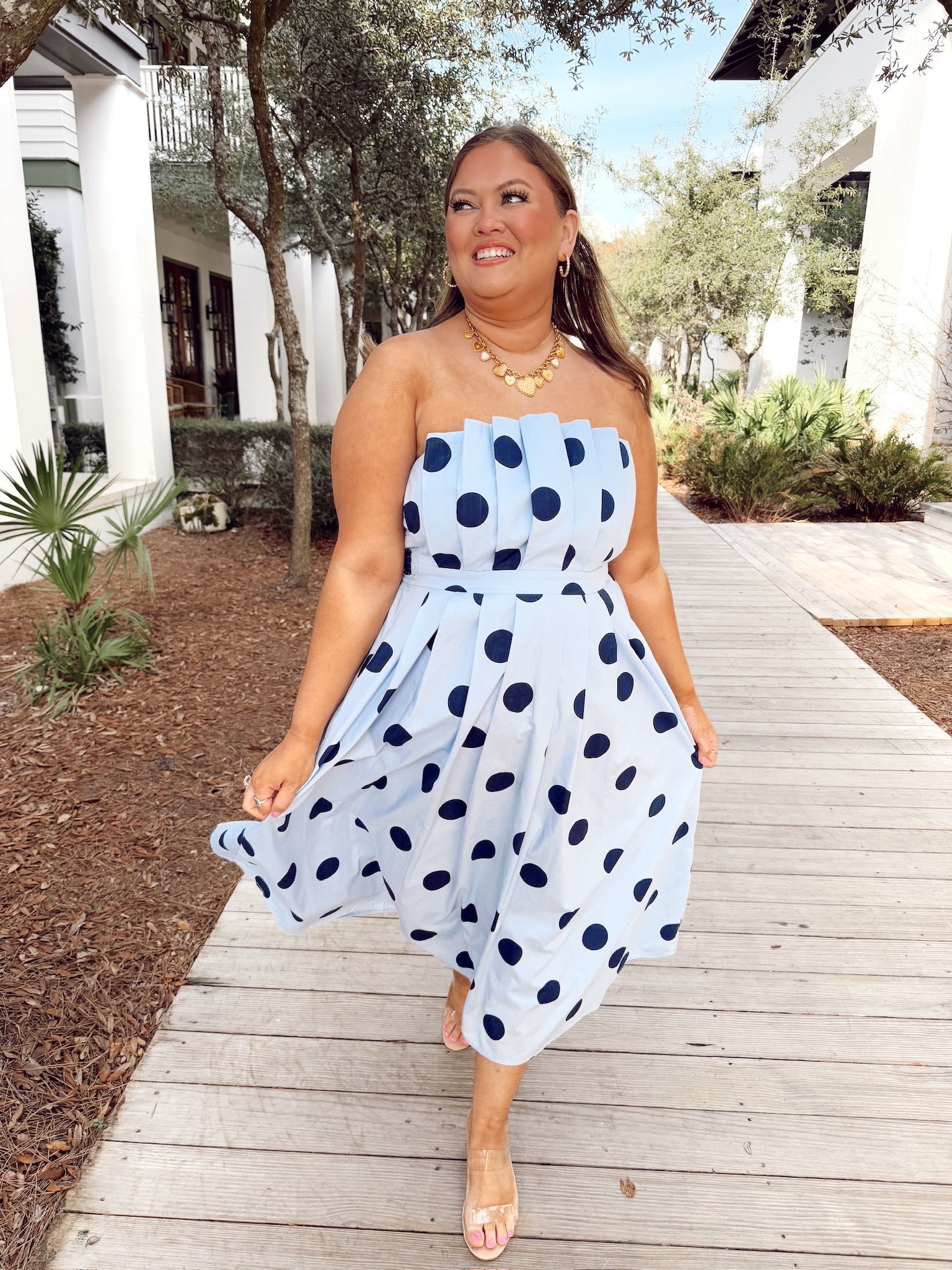 entro blue midi dress Entro Blue Strapless Polka Dot Midi Dress