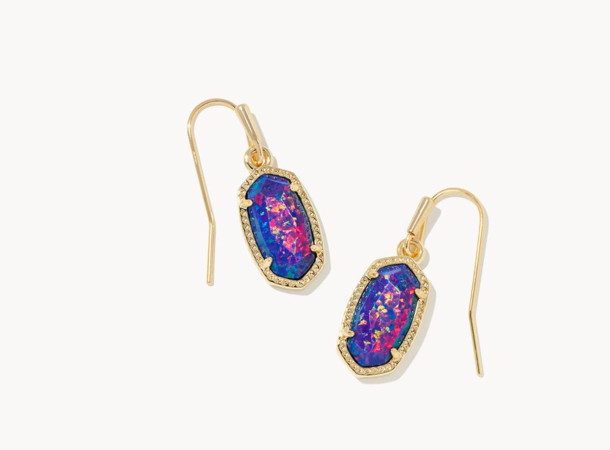 Kendra Scott Lee Gold Drop Earrings in Indigo Kyocera Opal Fly