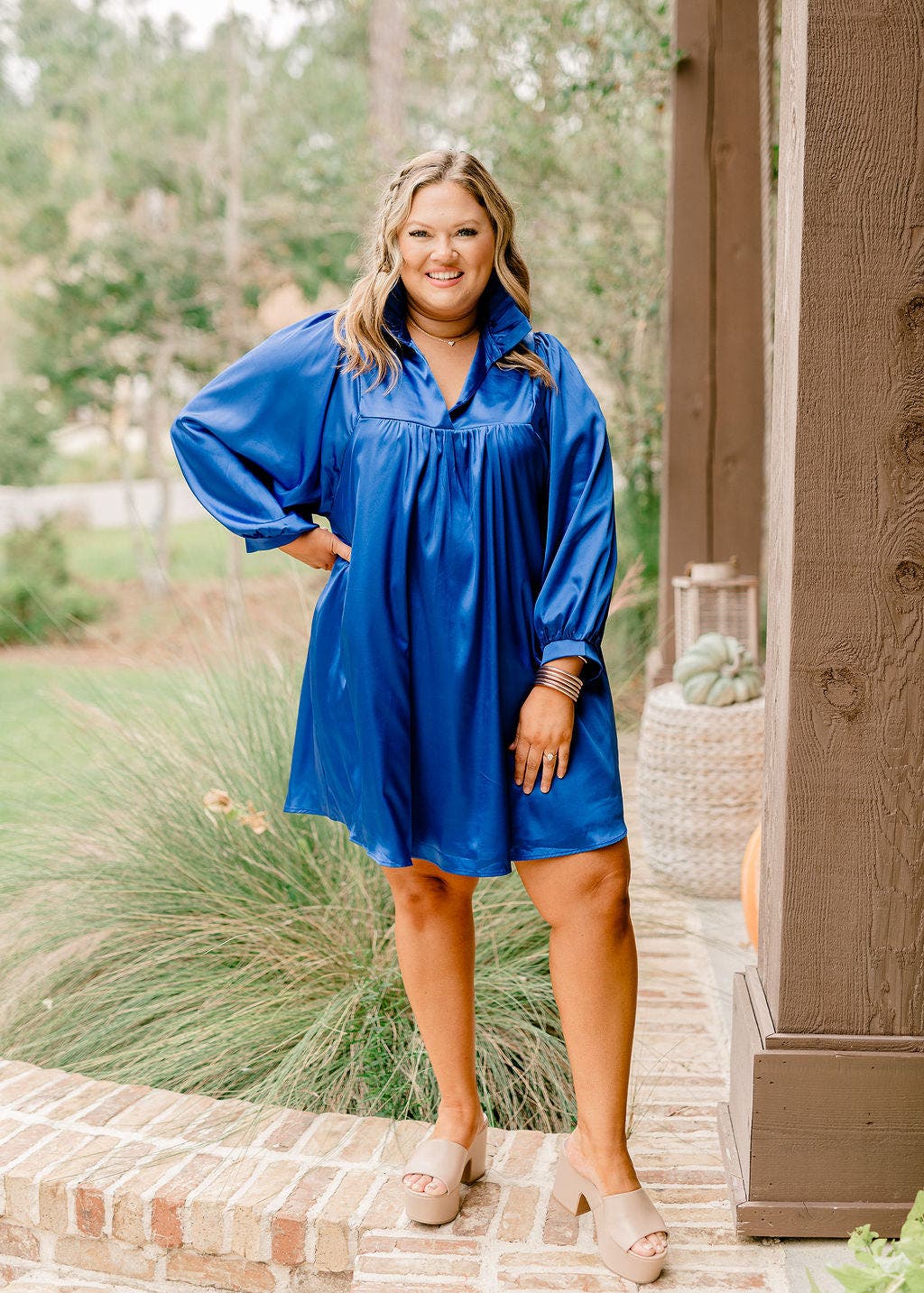 Adrienne Royal Blue Satin Ruffle Collar Balloon Sleeve Dress | Fly Boutique
