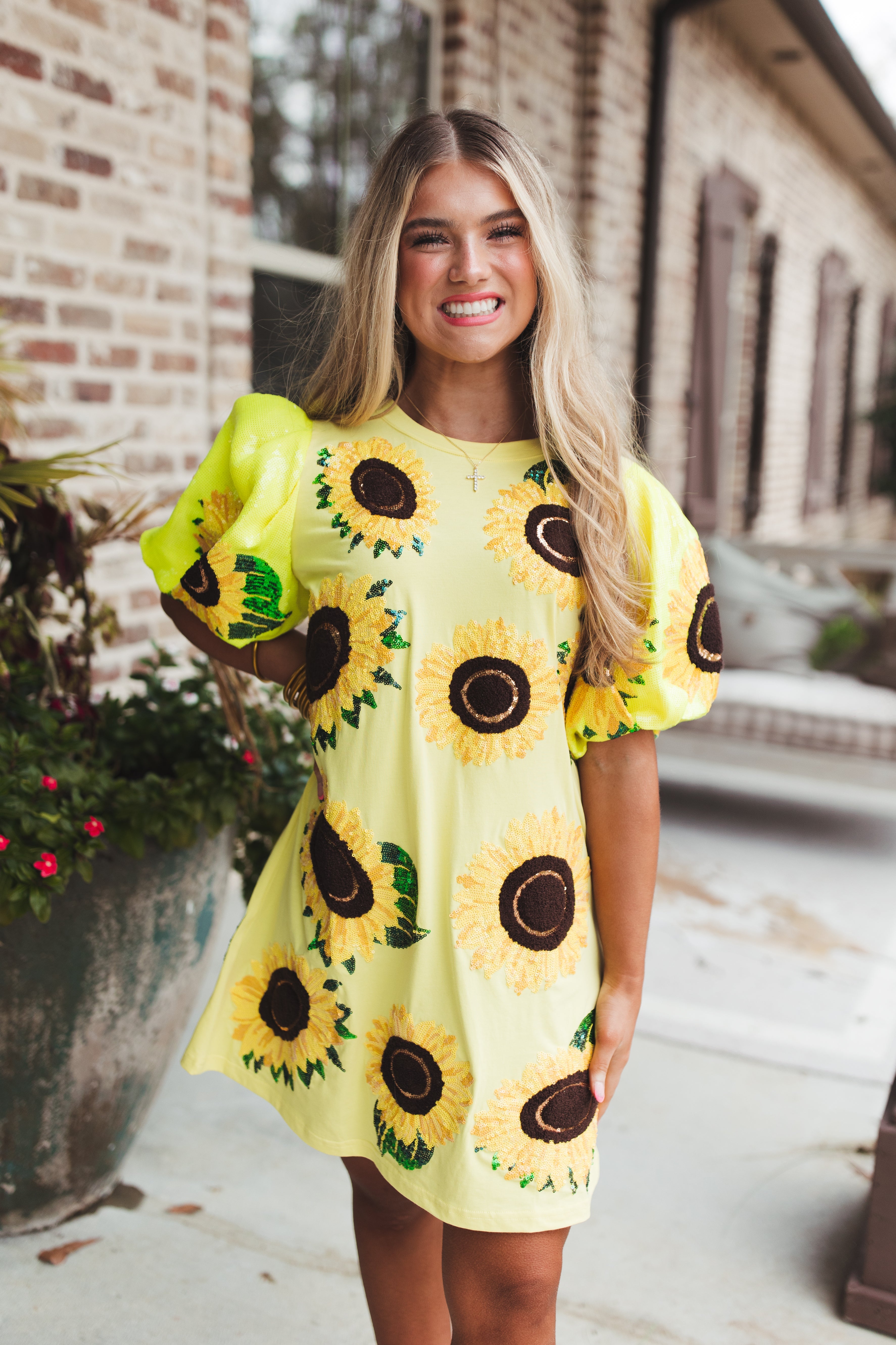 Queen Of Sparkles Yellow Sunflower Poof Sleeve Tee Dress | Fly
