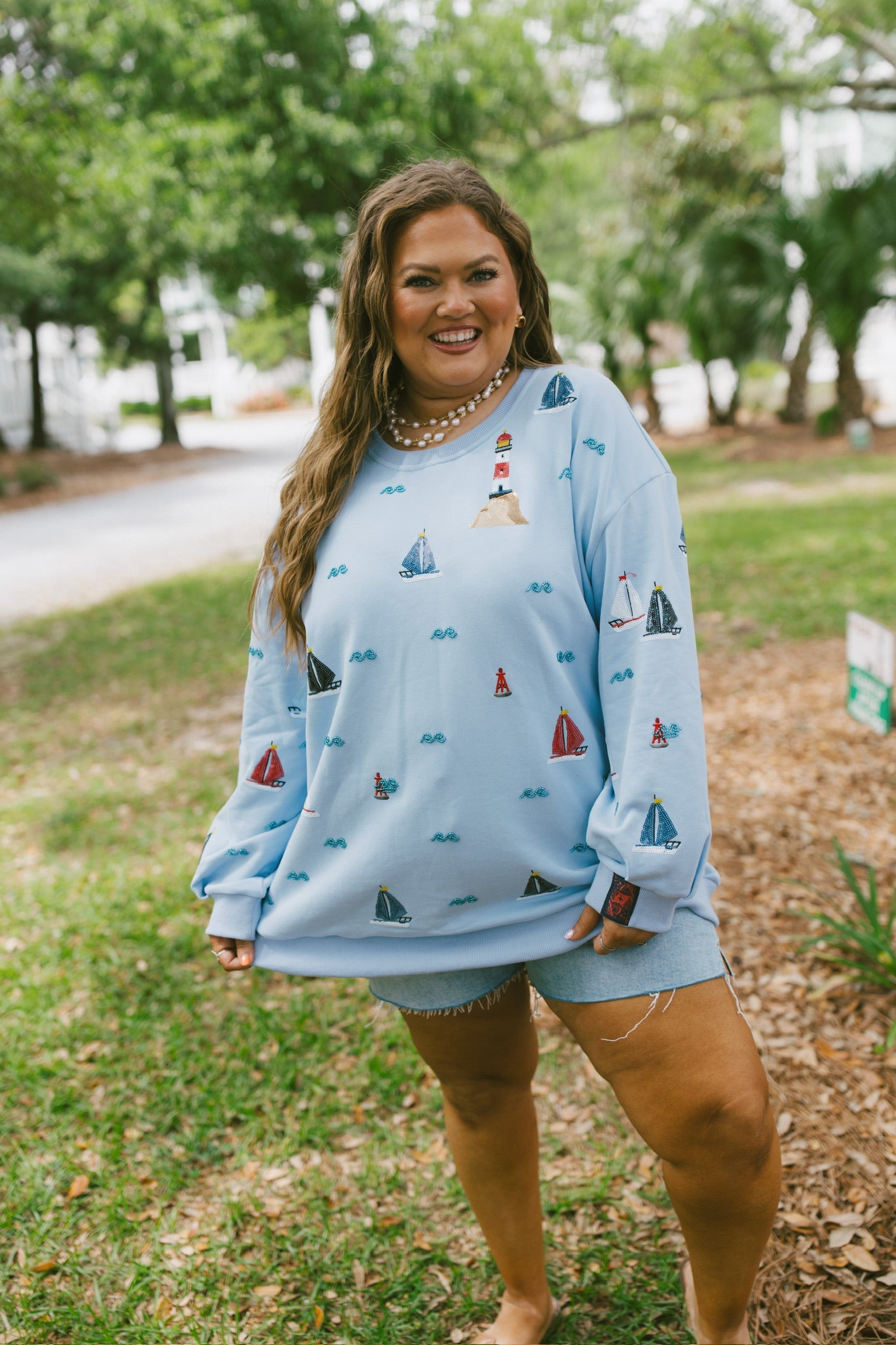 Queen Of Sparkles Dusty Blue Sail Boat & Palm Tree Icon
