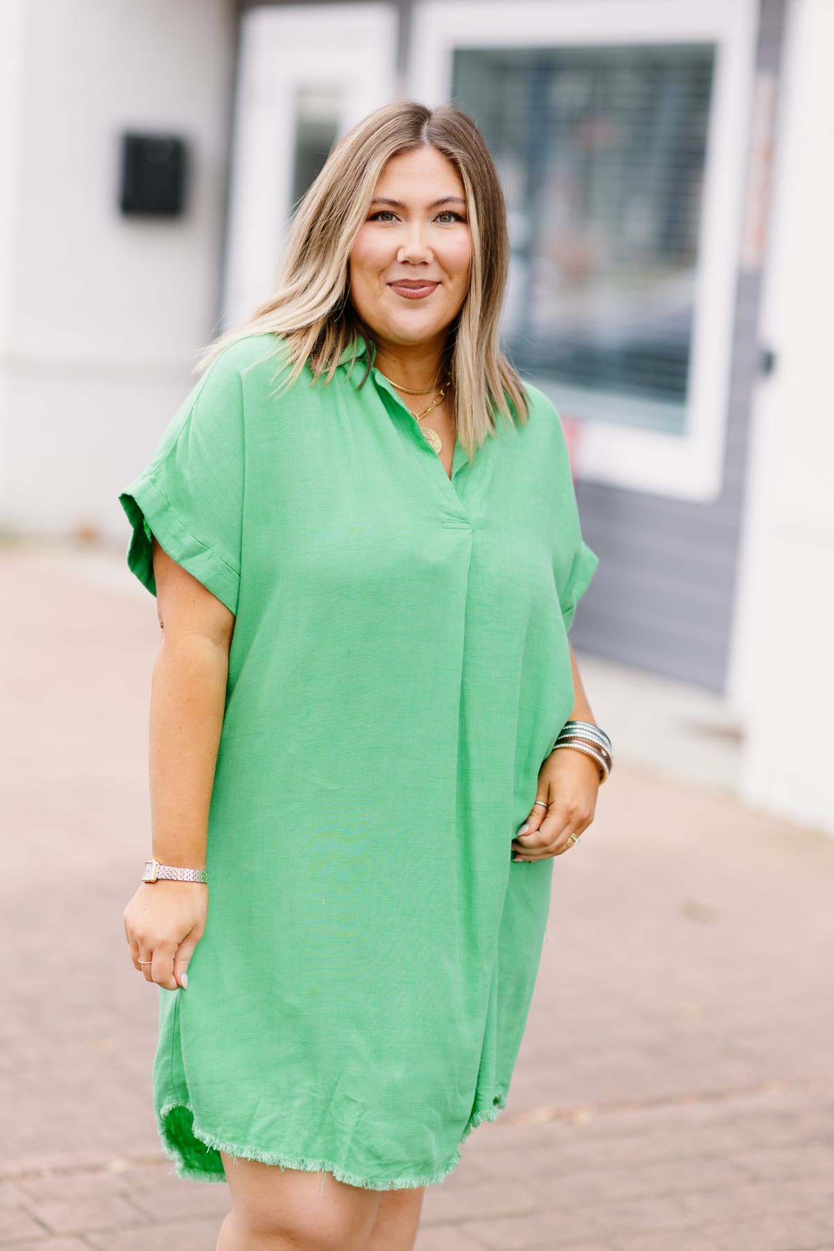 plus lime green dress Lime Green Two Tone Abstract Printed Collared Tiered Long Sleeve Dress –  SSYS main image 0