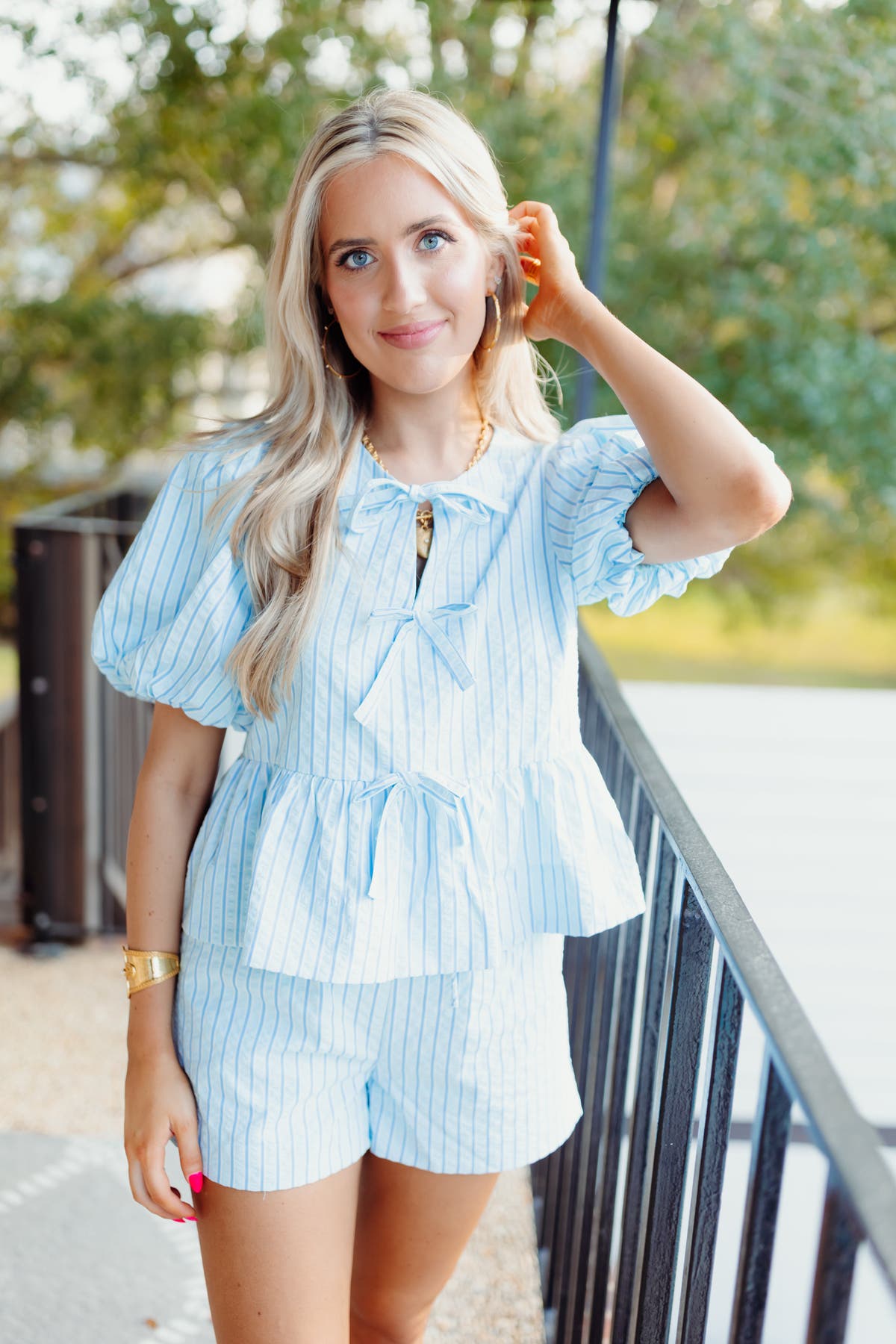 Entro Blue Puff Short Sleeve Striped Top | Fly Boutique