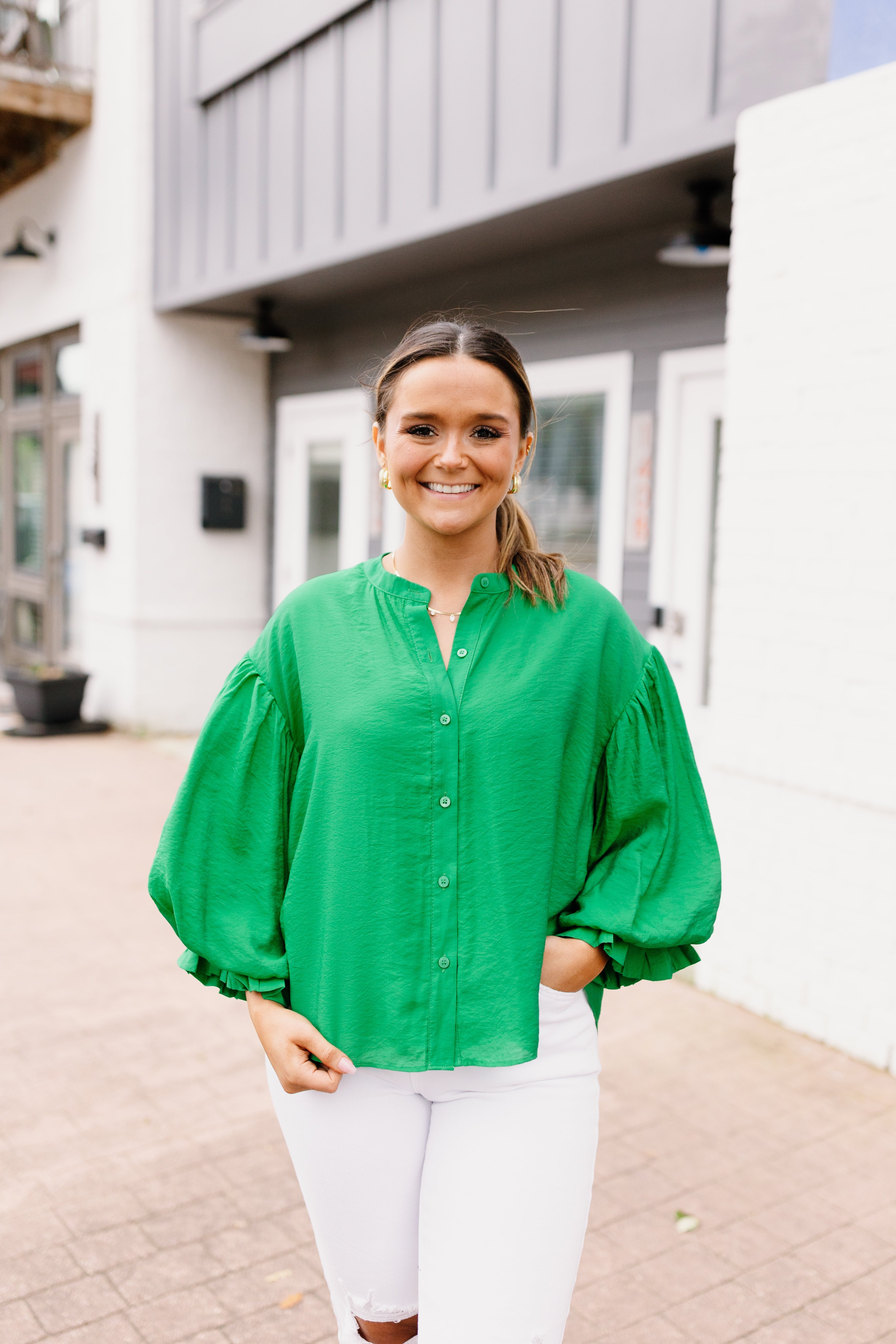 Kelly Green Puff Sleeve Button Down Blouse Fly Boutique
