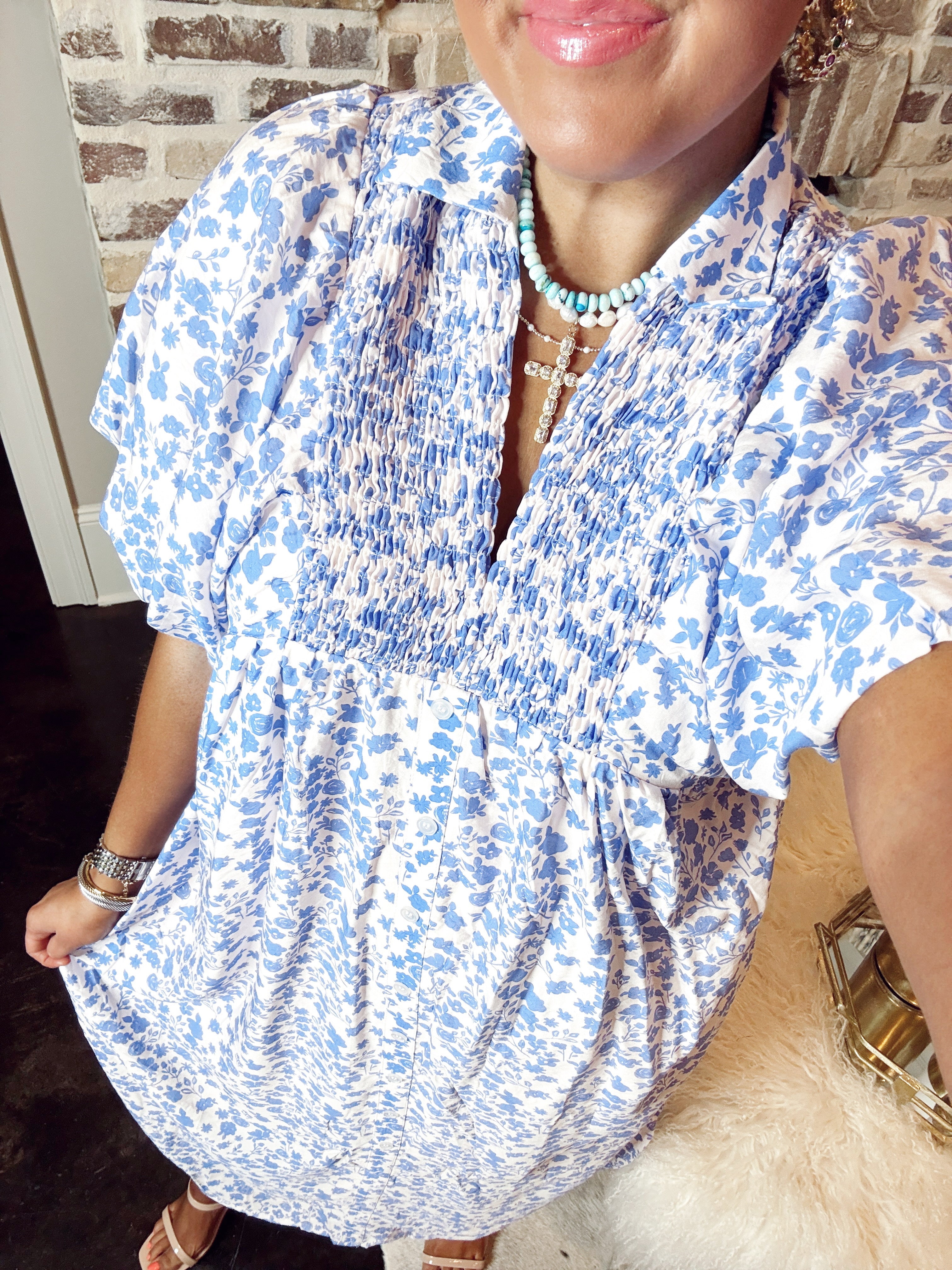 Entro Blue Ditsy Floral Smocked Collared Midi Dress | Fly Boutique