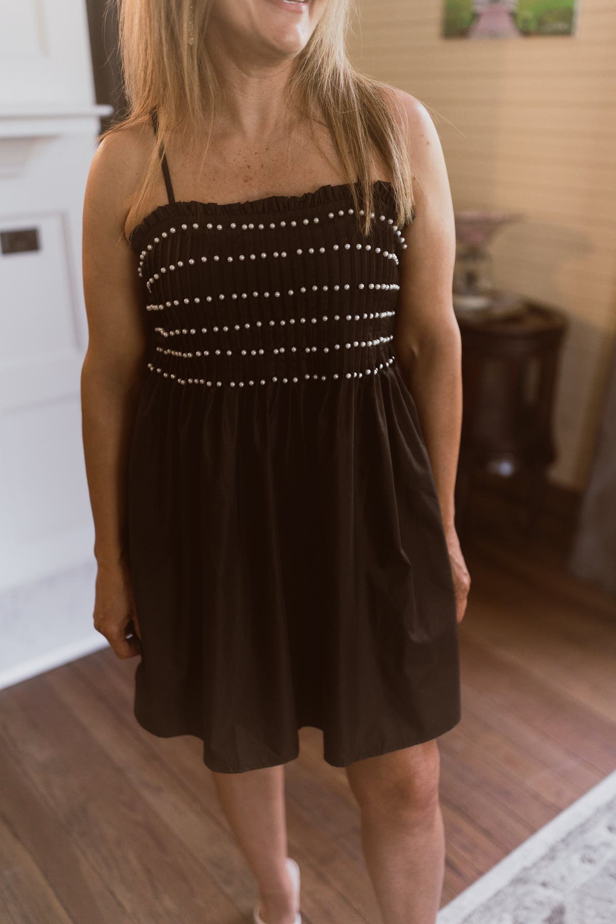 Black Spaghetti Strap Pearl Detail Dress | Fly Boutique