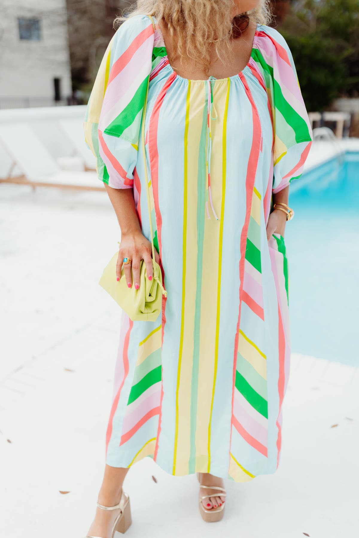 Green and Pink Multi Striped Puff Sleeve Poplin Maxi Dress | Fly Boutique