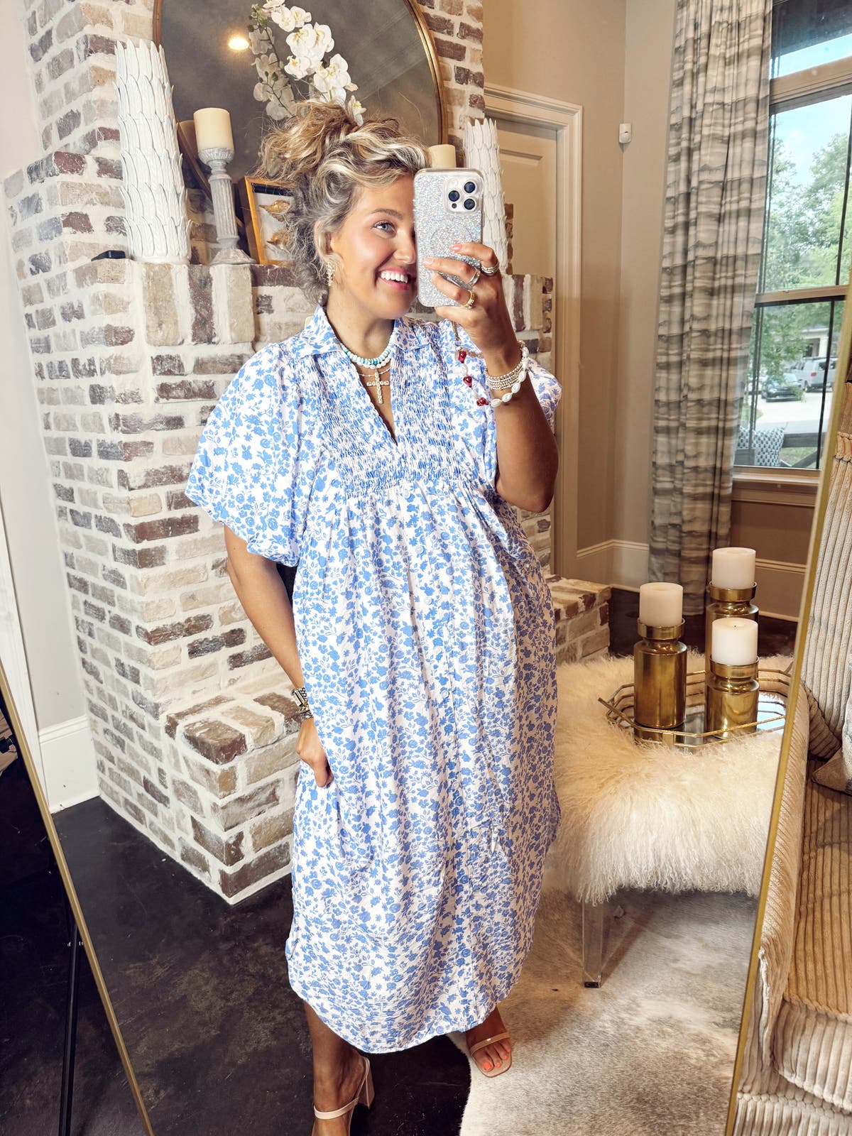 Entro Blue Ditsy Floral Smocked Collared Midi Dress