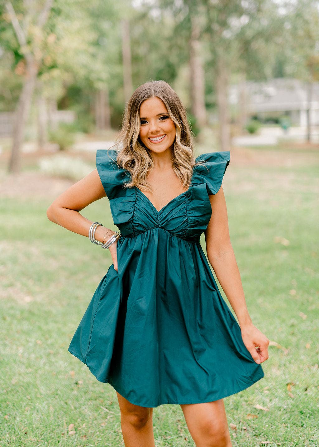 Hunter Green Ruffle Ruched Front Babydoll Dress