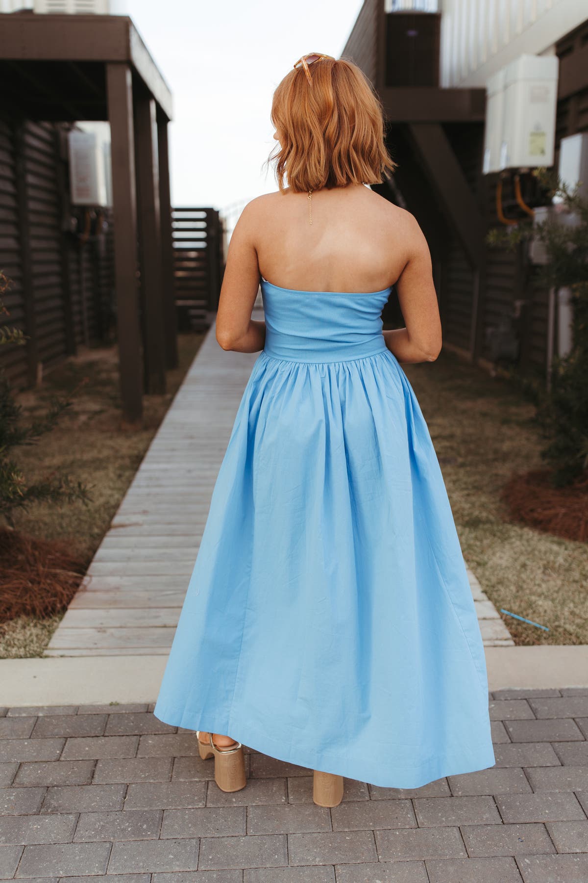 Blue Strapless Top Contrast Detail Flowy Dress