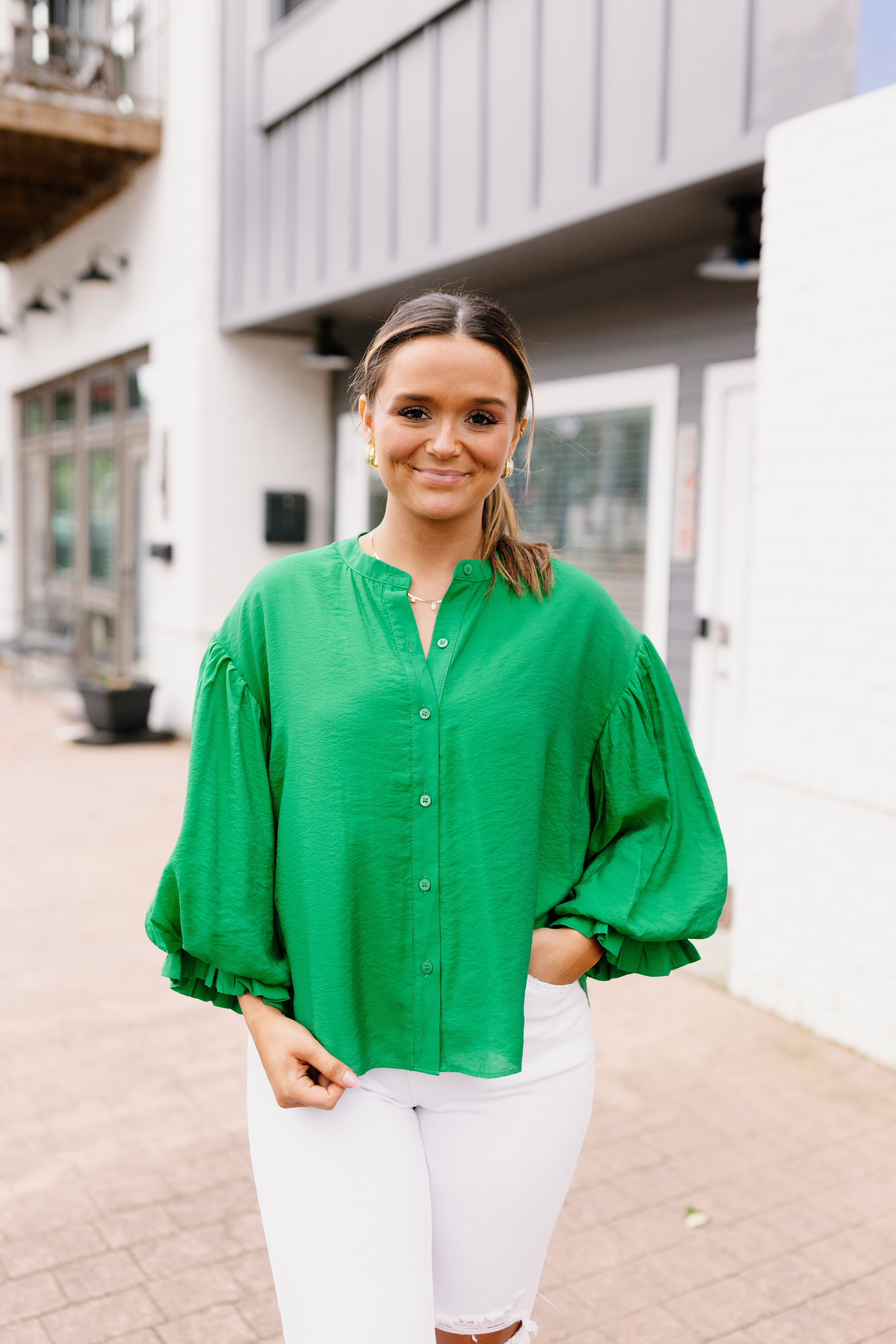 Kelly Green Puff Sleeve Button Down Blouse | Fly Boutique