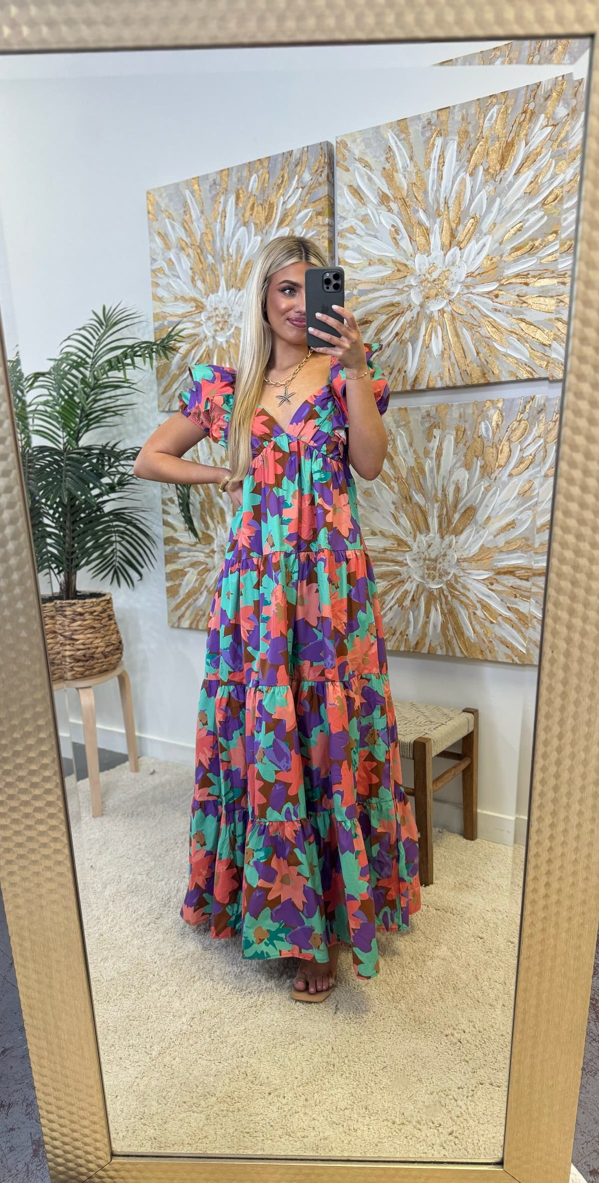 knee length dresses for ladies ever WISTERIA|Floral Print Flutter Sleeve Side Split Maxi Formal Dress