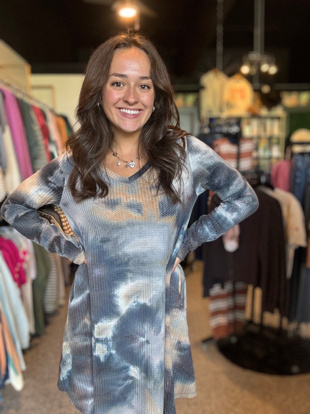 Tie Dye Waffle Long Sleeve Dress by Rae Mode | Homepage title