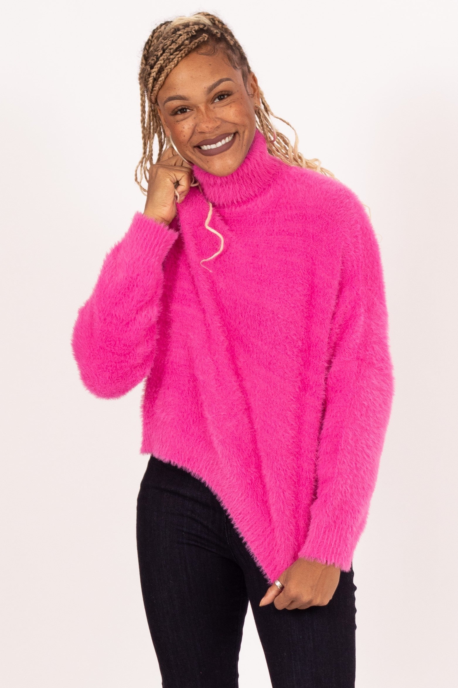 Hot Pink Eyelash Turtleneck Sweater 