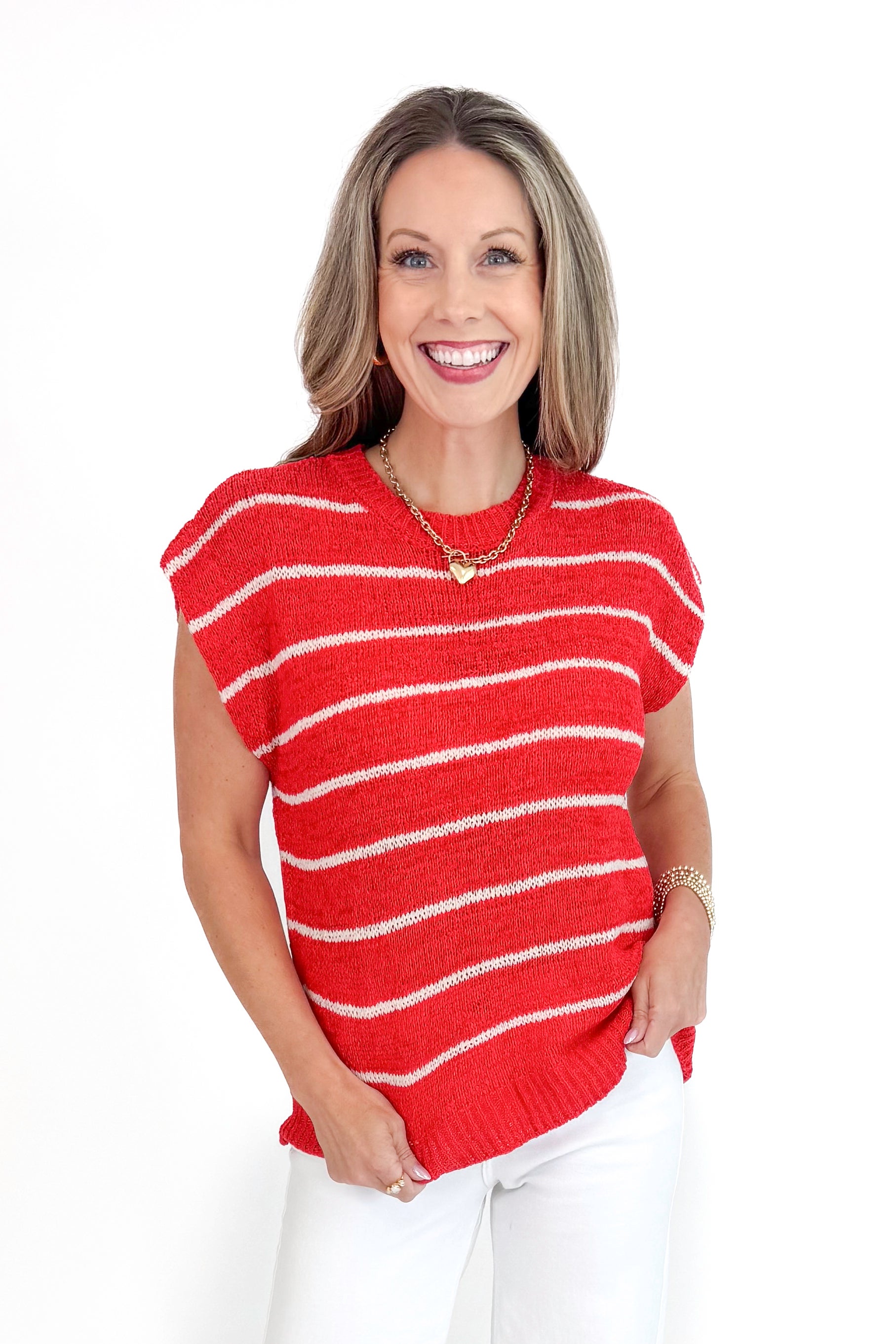 Passport Please Tomato Striped Sleeveless Sweater | Swagger