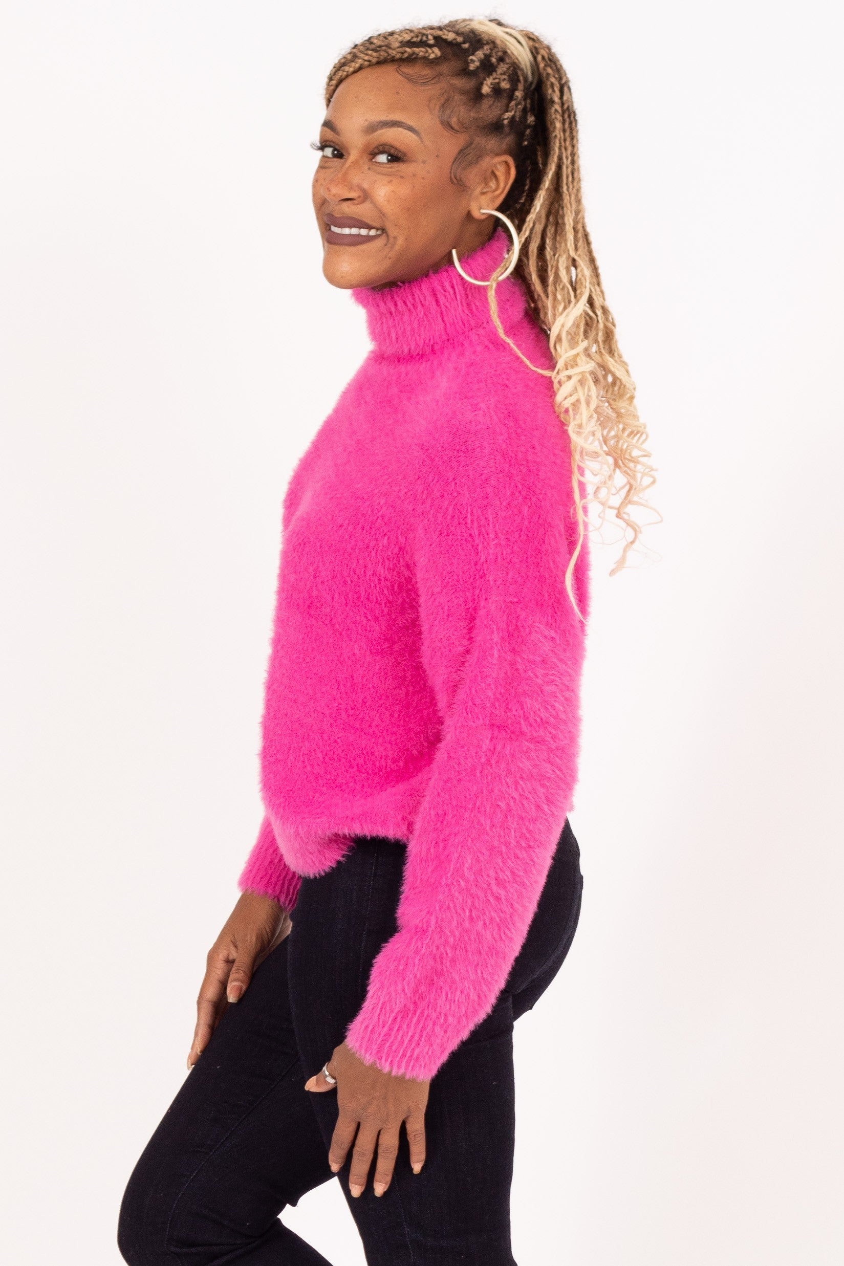Hot Pink Eyelash Turtleneck Sweater 